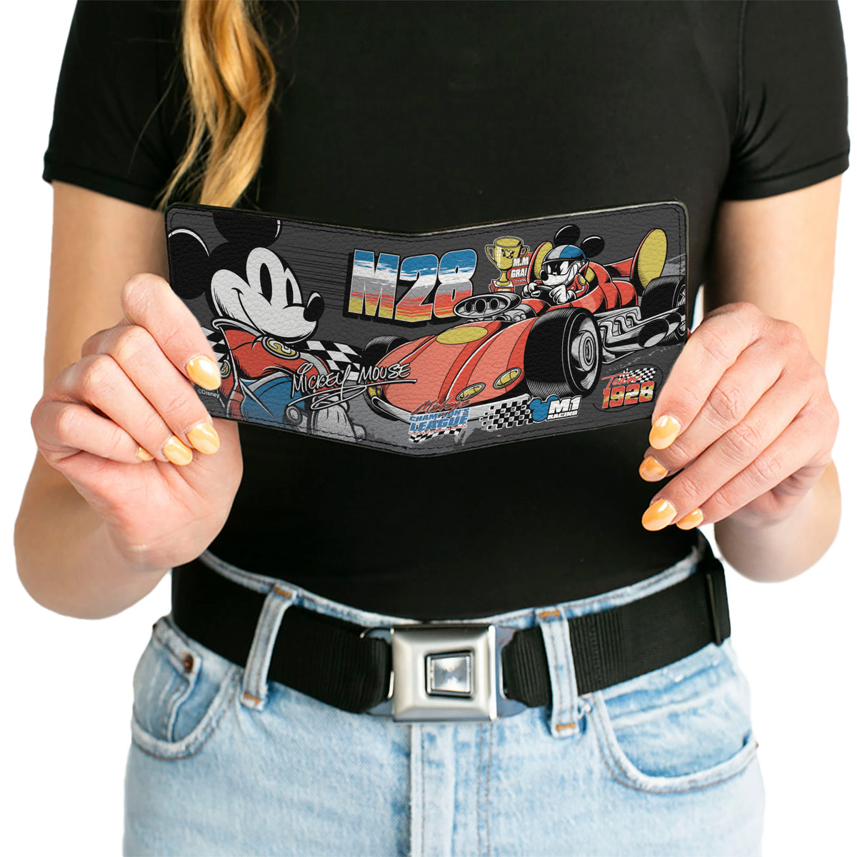 Bi-Fold Wallet - Mickey Mouse M1 Racing Poses and Icons Collage Black Bi-Fold Wallets Disney