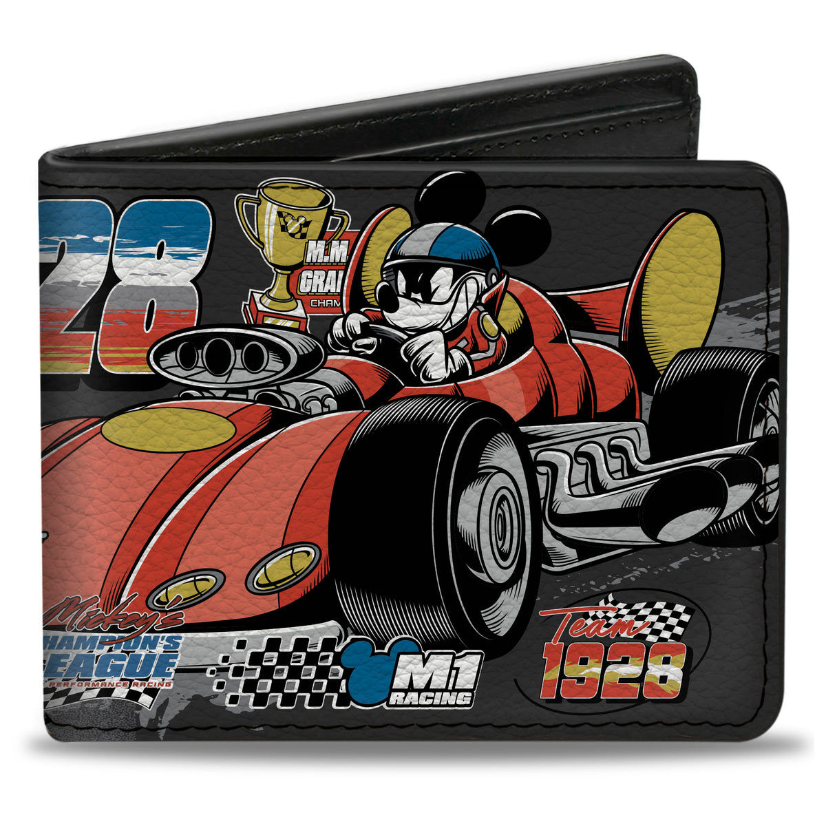 Bi-Fold Wallet - Mickey Mouse M1 Racing Poses and Icons Collage Black Bi-Fold Wallets Disney