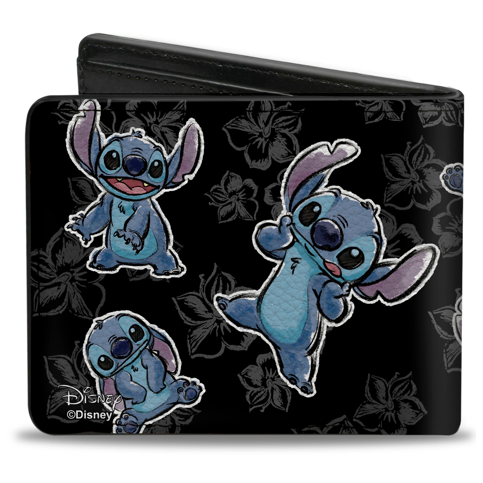Bi-Fold Wallet - Stitch 3-Poses/Hibiscus Sketch Black/Grays Bi-Fold Wallets Disney