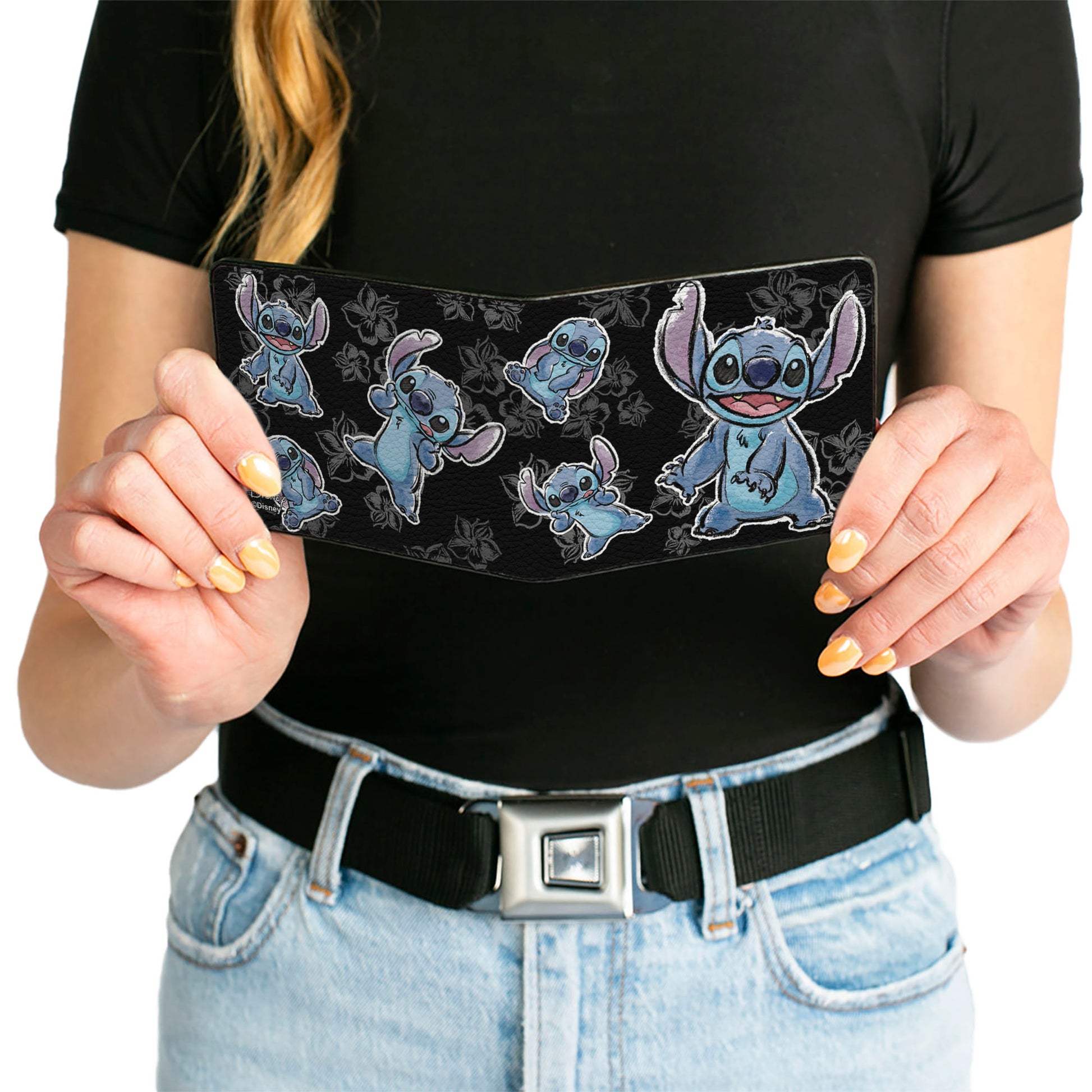 Bi-Fold Wallet - Stitch 3-Poses/Hibiscus Sketch Black/Grays Bi-Fold Wallets Disney