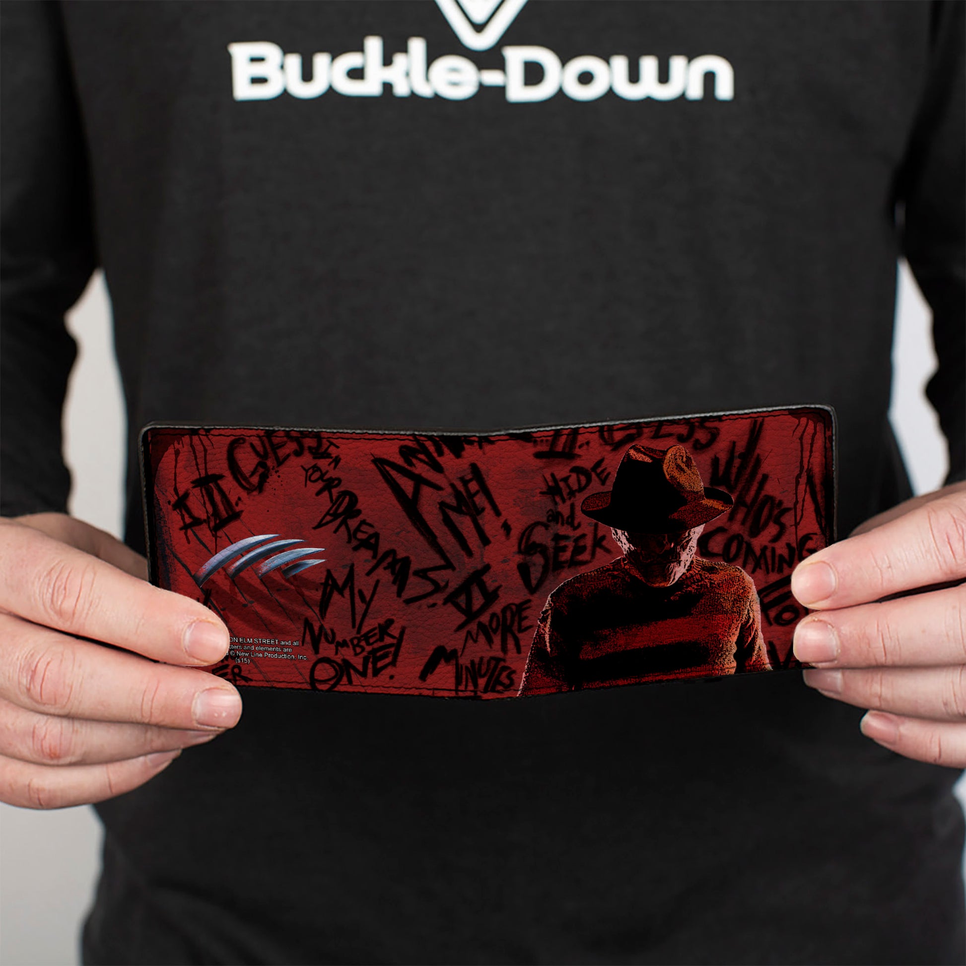 Bi-Fold Wallet - Freddy Pose2 + Hand Scratching Quote Scrawls Reds Black Bi-Fold Wallets A Nightmare on Elm Street