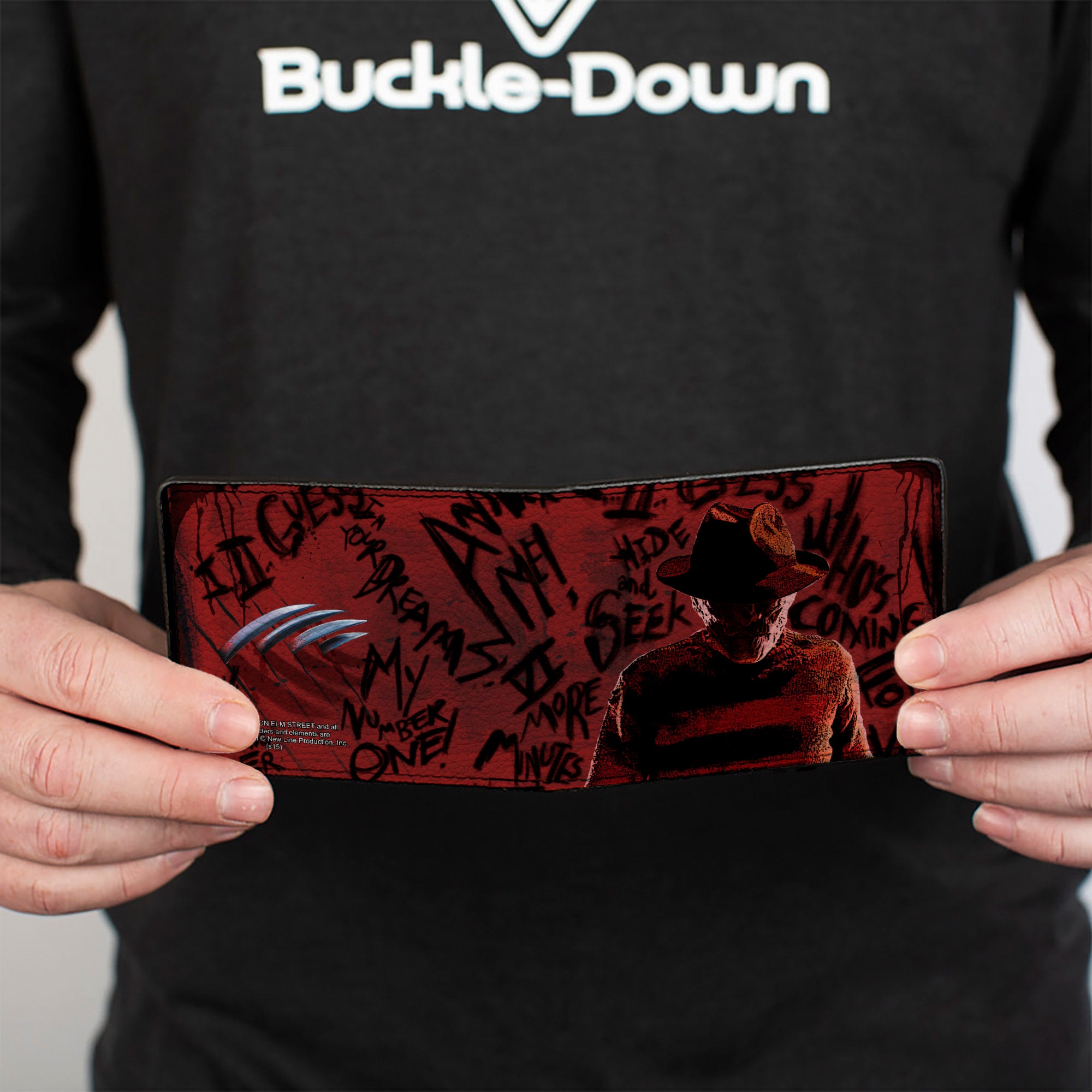 Bi-Fold Wallet - Freddy Pose2 + Hand Scratching Quote Scrawls Reds Black Bi-Fold Wallets A Nightmare on Elm Street