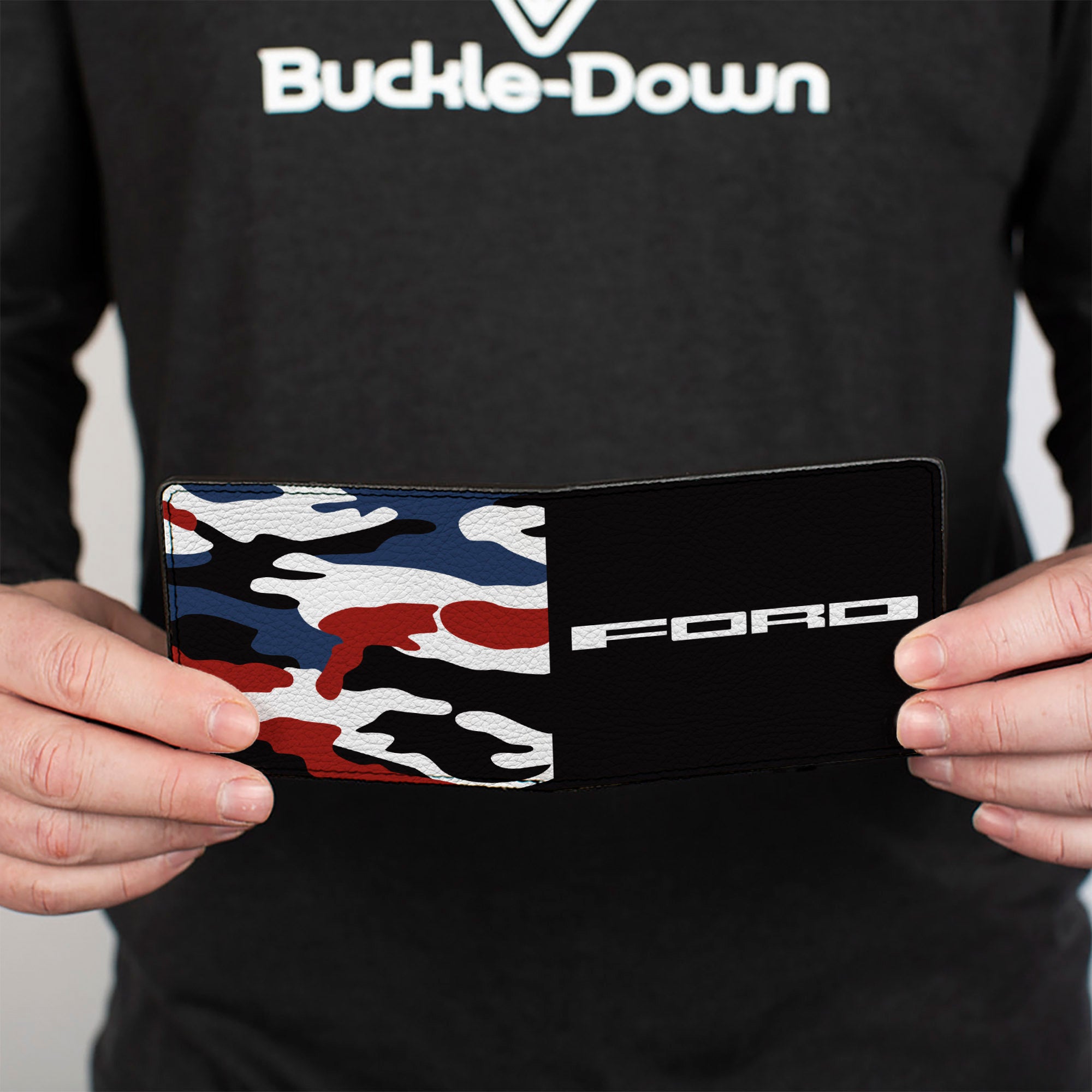 Bi-Fold Wallet - FORD Text + Americana Camo Black White Red Blue Bi-Fold Wallets Ford