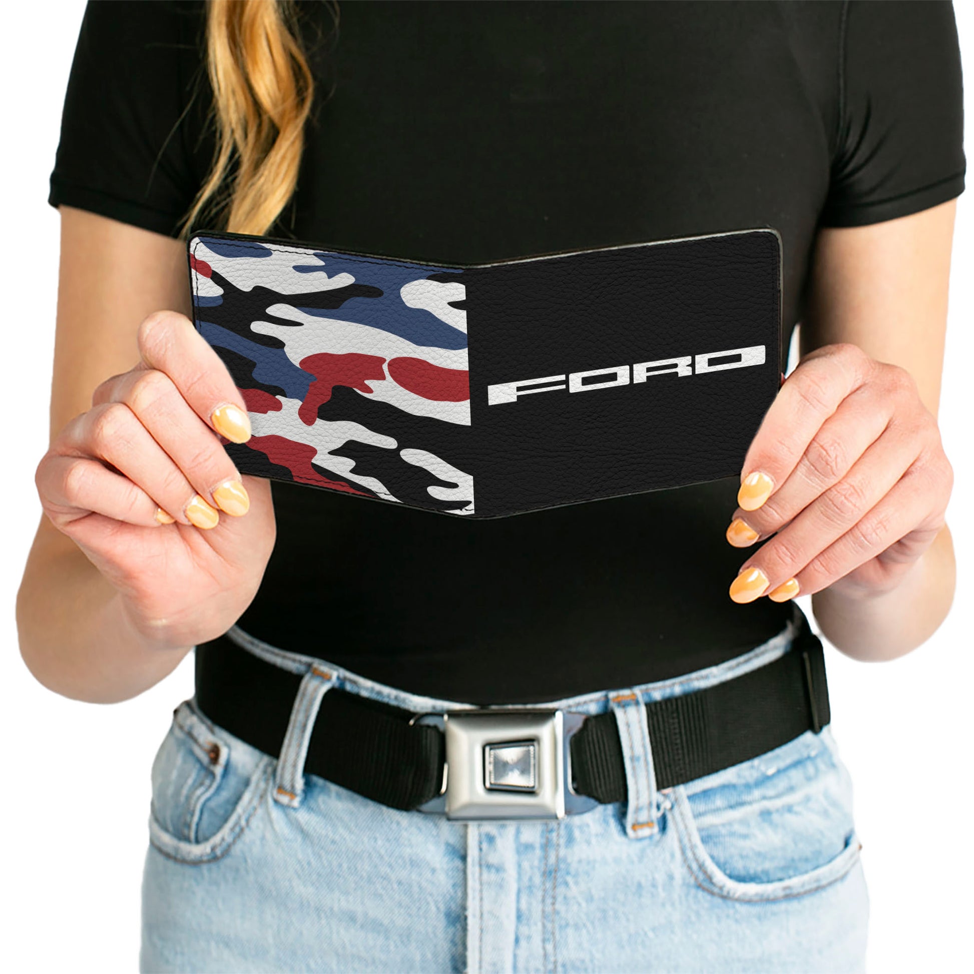 Bi-Fold Wallet - FORD Text + Americana Camo Black White Red Blue Bi-Fold Wallets Ford