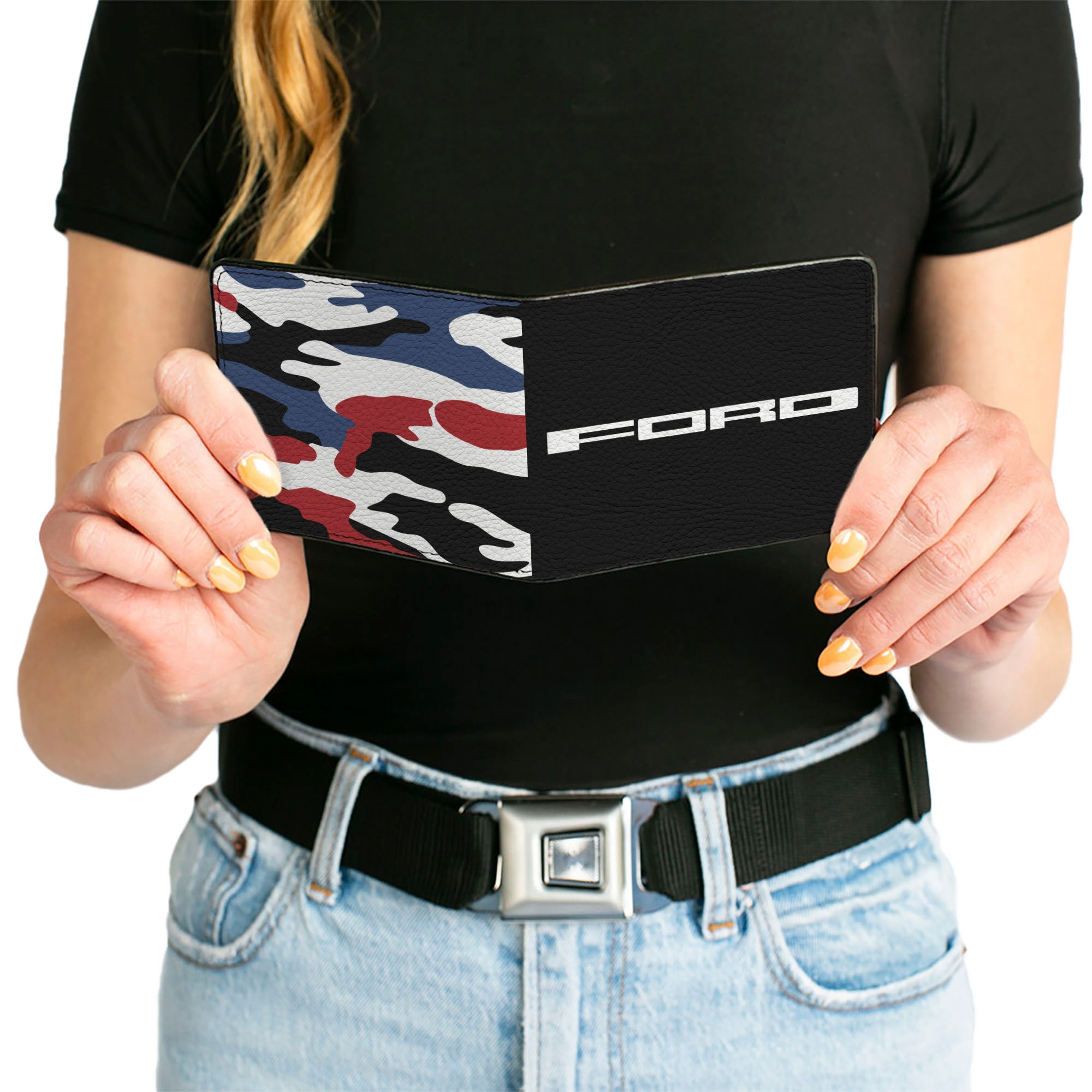 Bi-Fold Wallet - FORD Text + Americana Camo Black White Red Blue Bi-Fold Wallets Ford