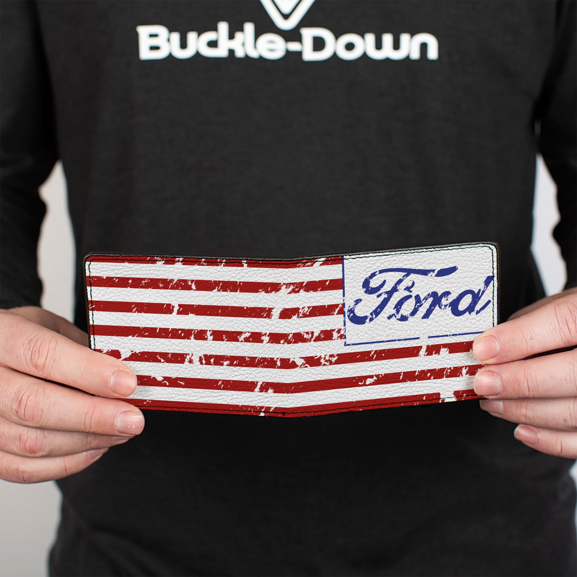 Bi-Fold Wallet - FORD Script Americana Flag Weathered White Red Blue Bi-Fold Wallets Ford