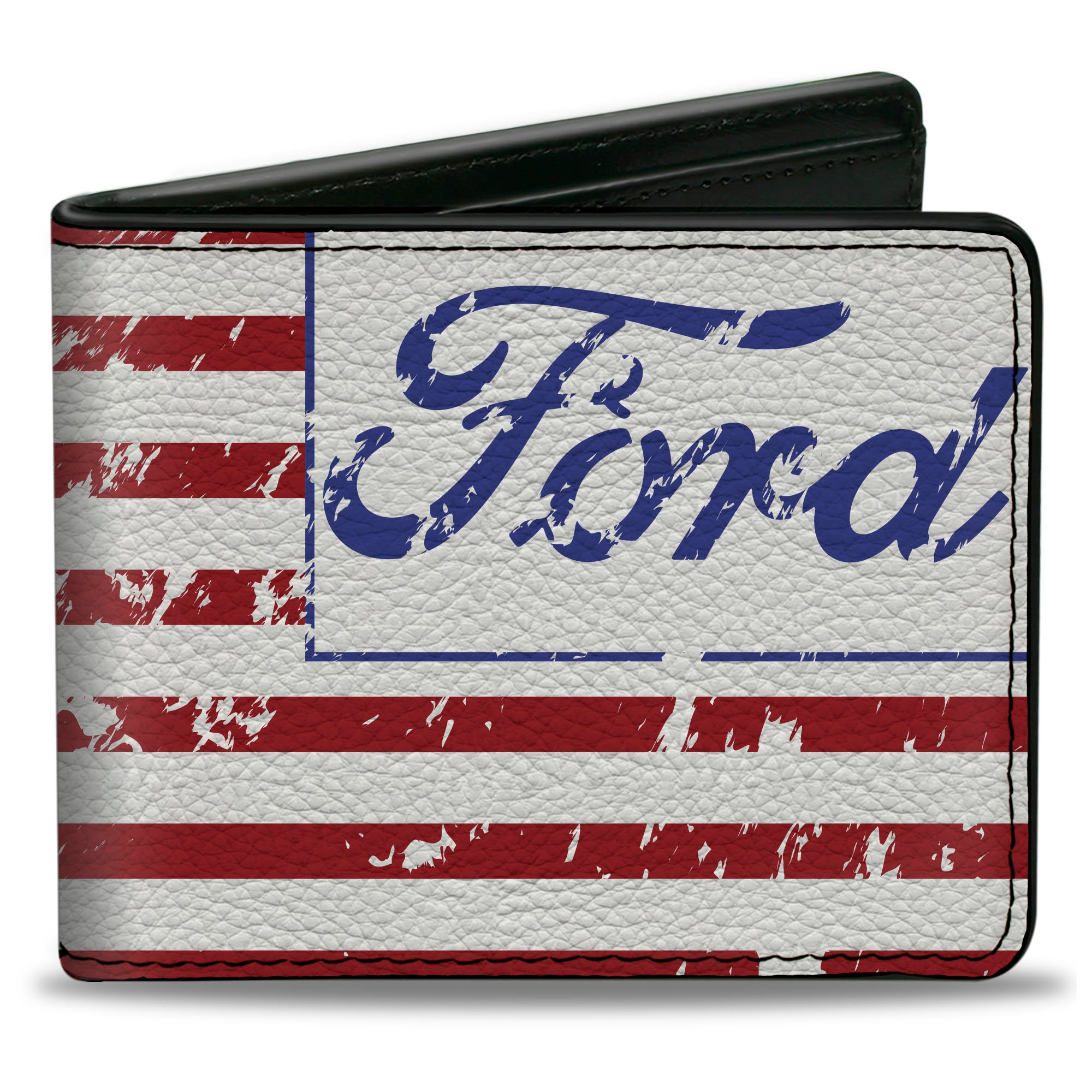 Bi-Fold Wallet - FORD Script Americana Flag Weathered White Red Blue Bi-Fold Wallets Ford