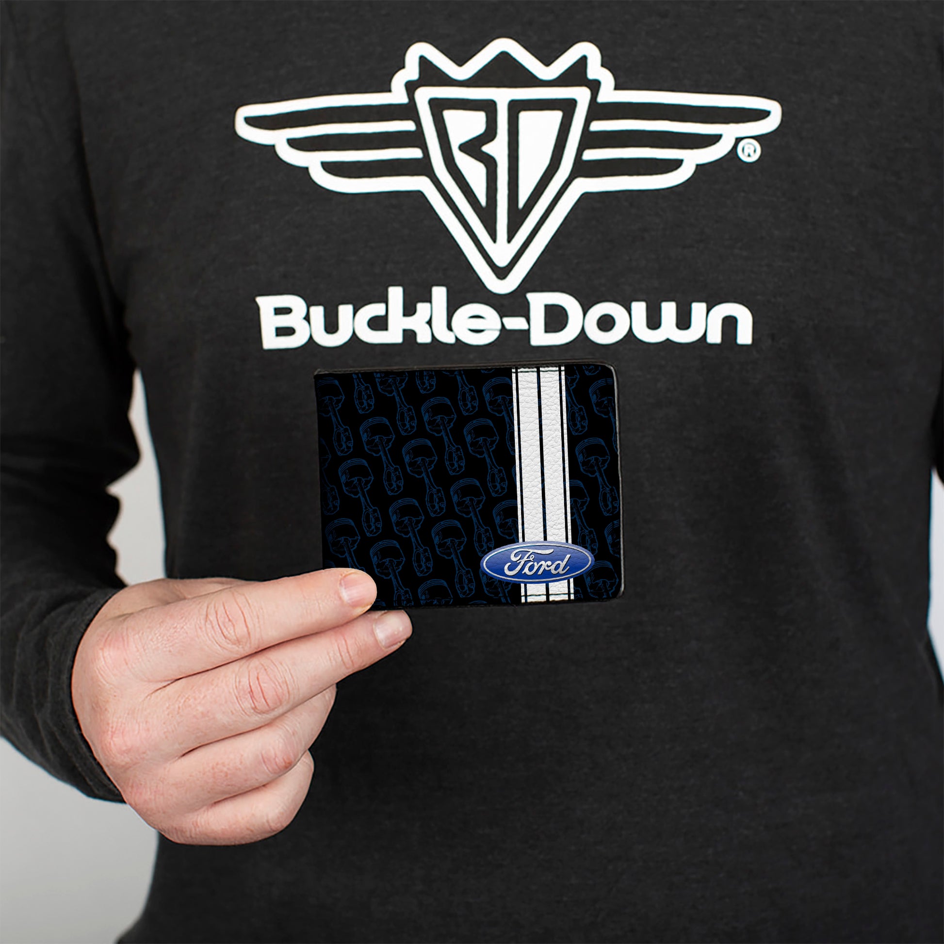 Bi-Fold Wallet - FORD Oval Stripe Piston Repeat Black Blue White Bi-Fold Wallets Ford