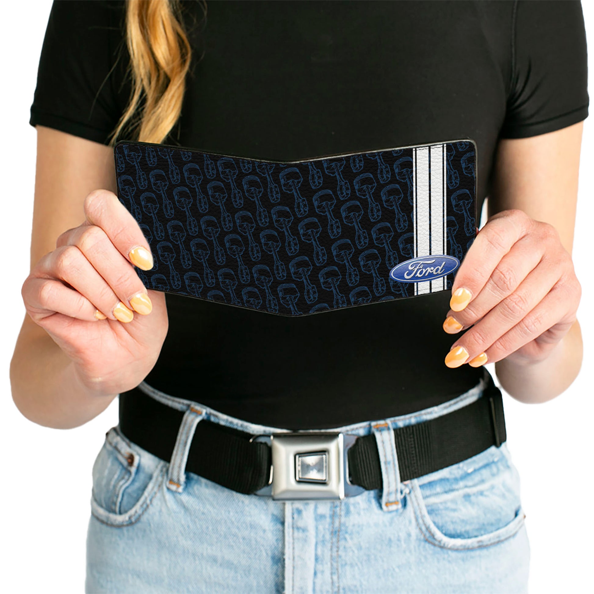 Bi-Fold Wallet - FORD Oval Stripe Piston Repeat Black Blue White Bi-Fold Wallets Ford