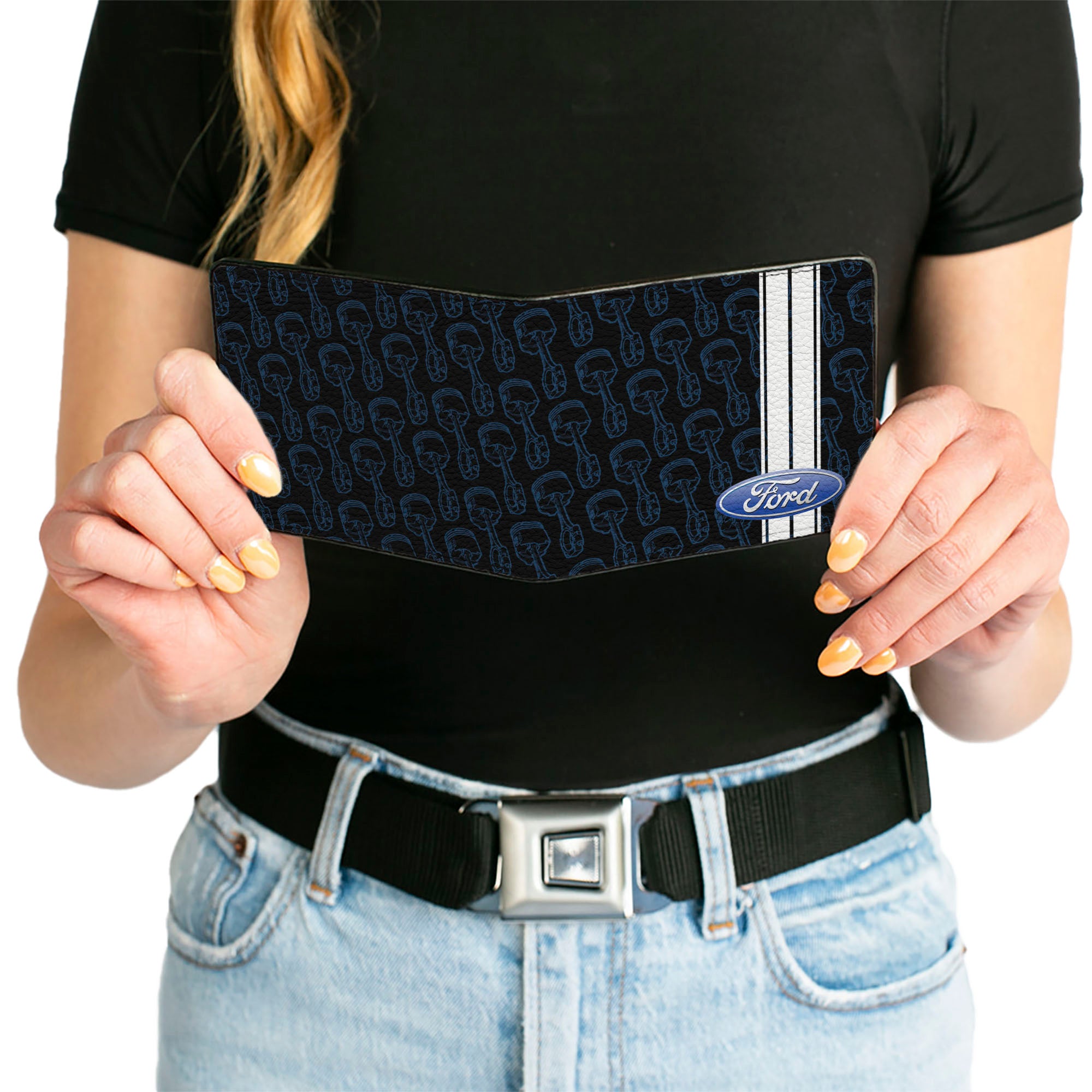Bi-Fold Wallet - FORD Oval Stripe Piston Repeat Black Blue White Bi-Fold Wallets Ford