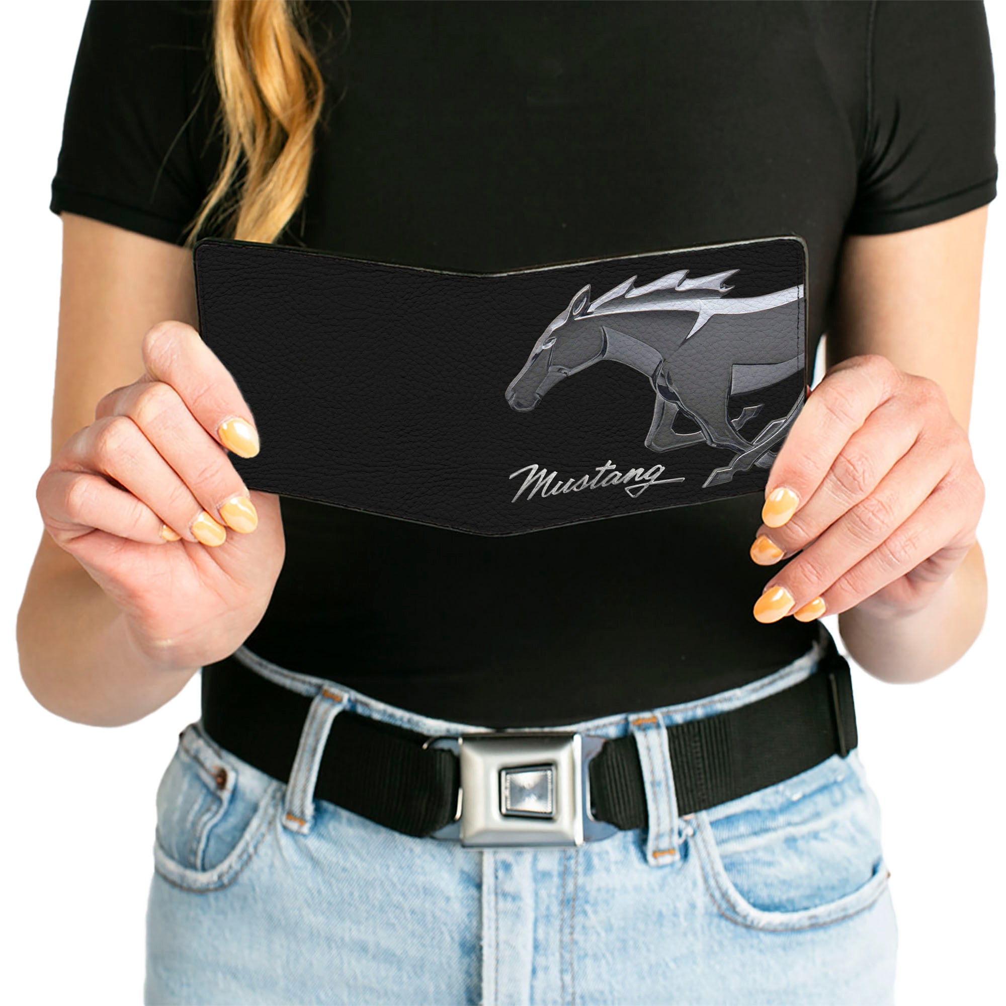 Bi-Fold Wallet - Mustang Chrome Pony MUSTANG Script Black Silver Bi-Fold Wallets Ford