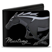 Bi-Fold Wallet - Mustang Chrome Pony MUSTANG Script Black Silver Bi-Fold Wallets Ford
