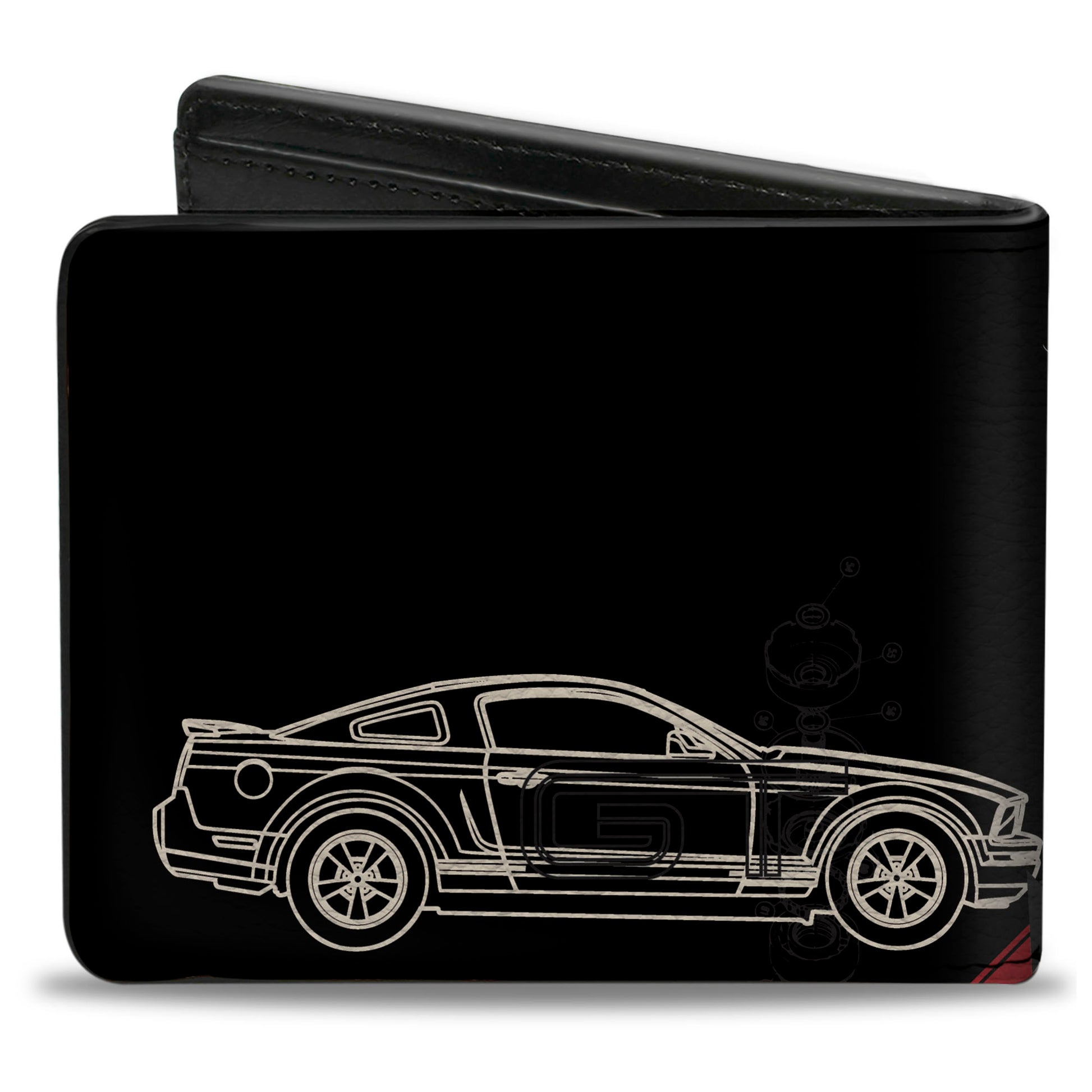 Bi-Fold Wallet - Mustang Tri-Bar Logo Diagonal Stripe Blueprint Black Red White Blue Bi-Fold Wallets Ford