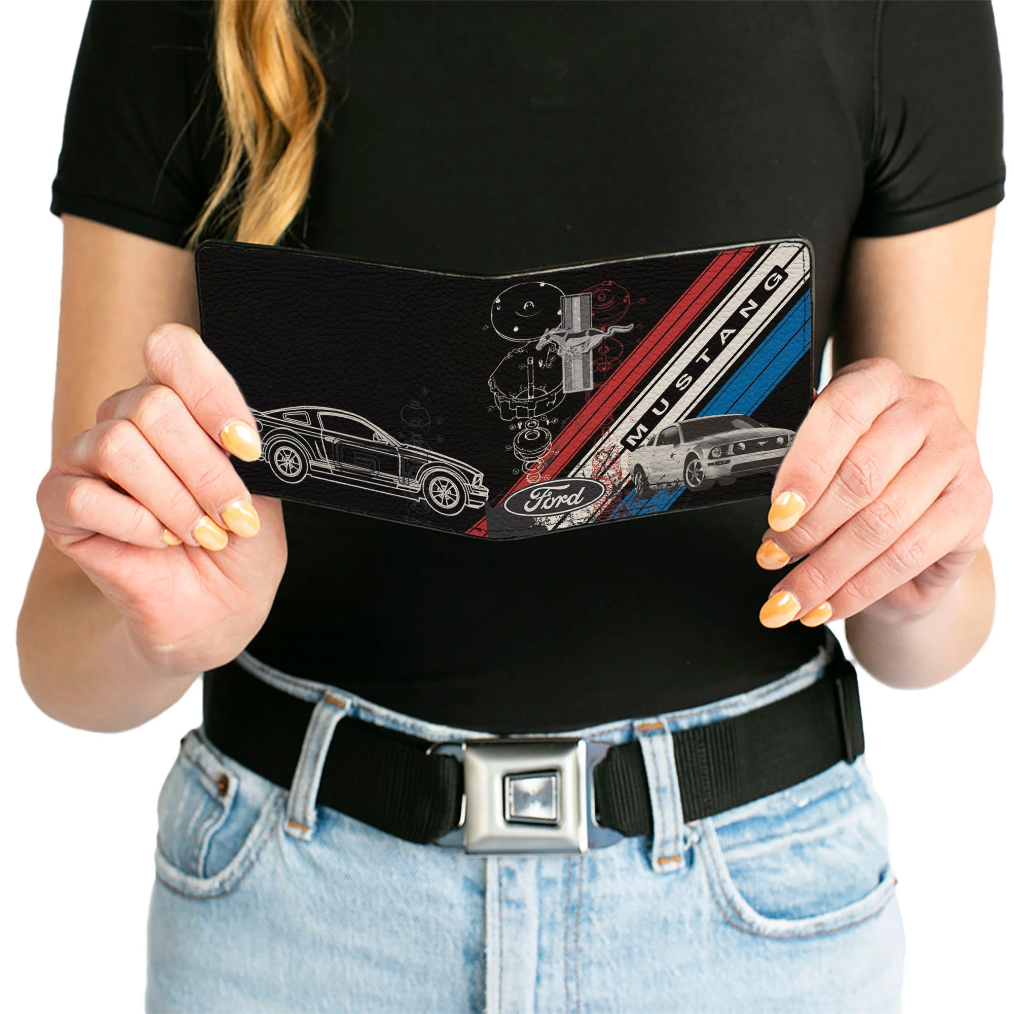 Bi-Fold Wallet - Mustang Tri-Bar Logo Diagonal Stripe Blueprint Black Red White Blue Bi-Fold Wallets Ford
