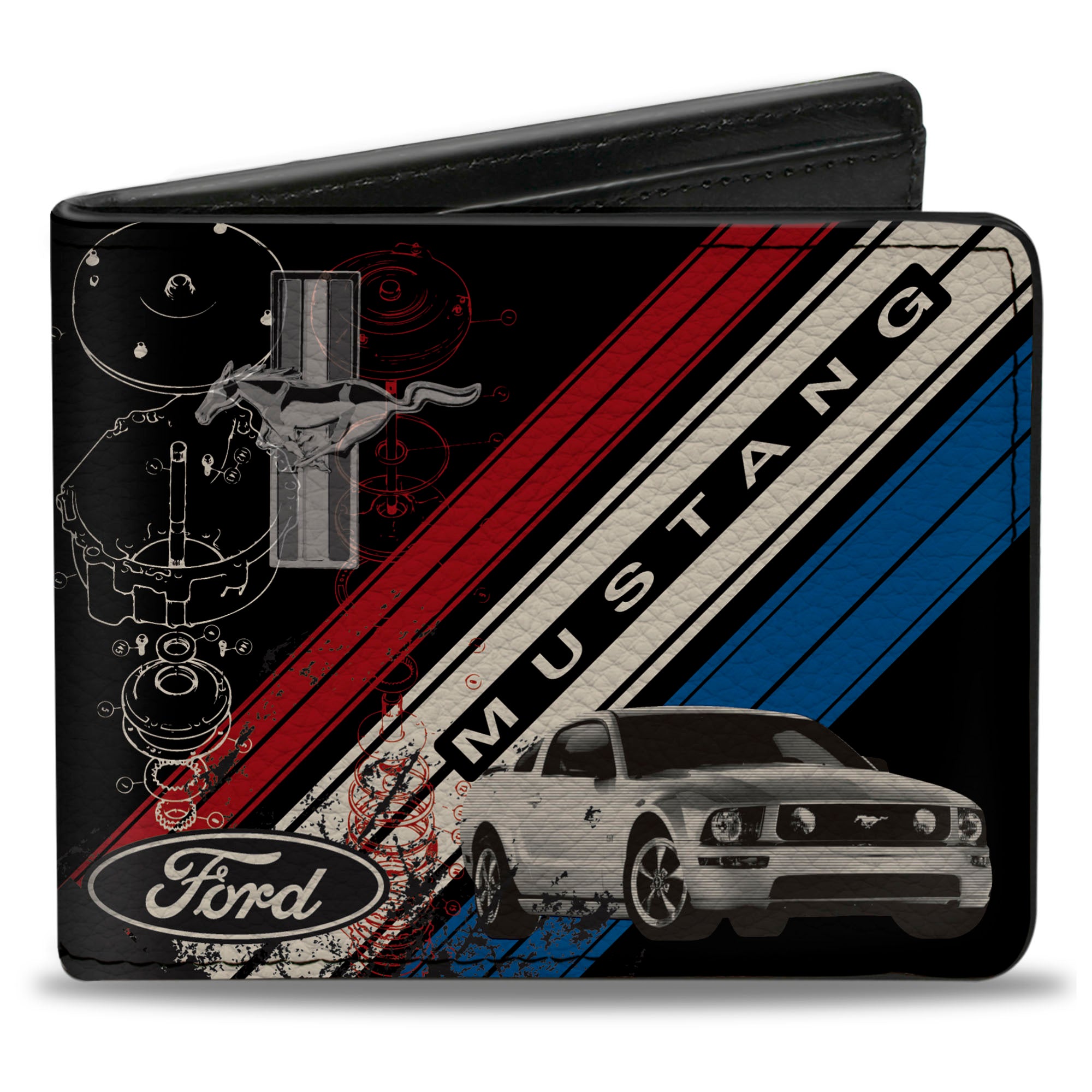 Bi-Fold Wallet - Mustang Tri-Bar Logo Diagonal Stripe Blueprint Black Red White Blue Bi-Fold Wallets Ford