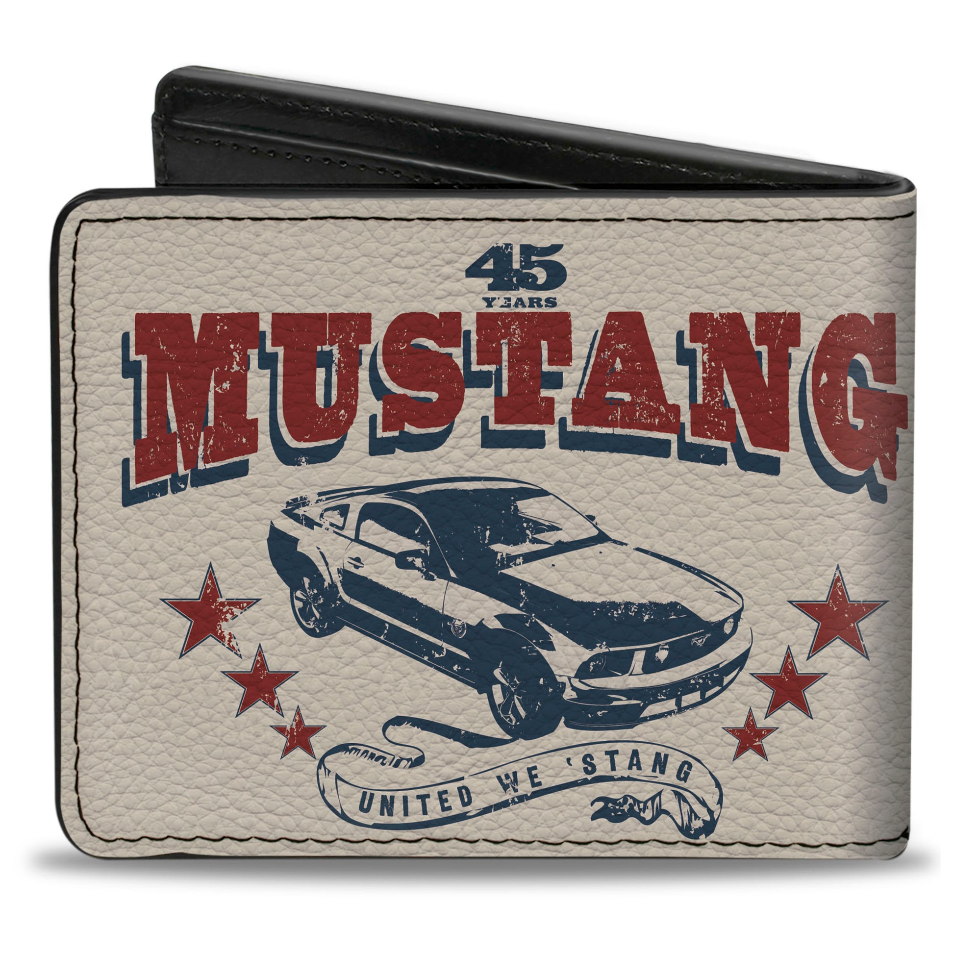 Bi-Fold Wallet - Vintage MUSTANG 45 YEARS UNITED WE 'STANG Scroll Ivory Navy Red Bi-Fold Wallets Ford