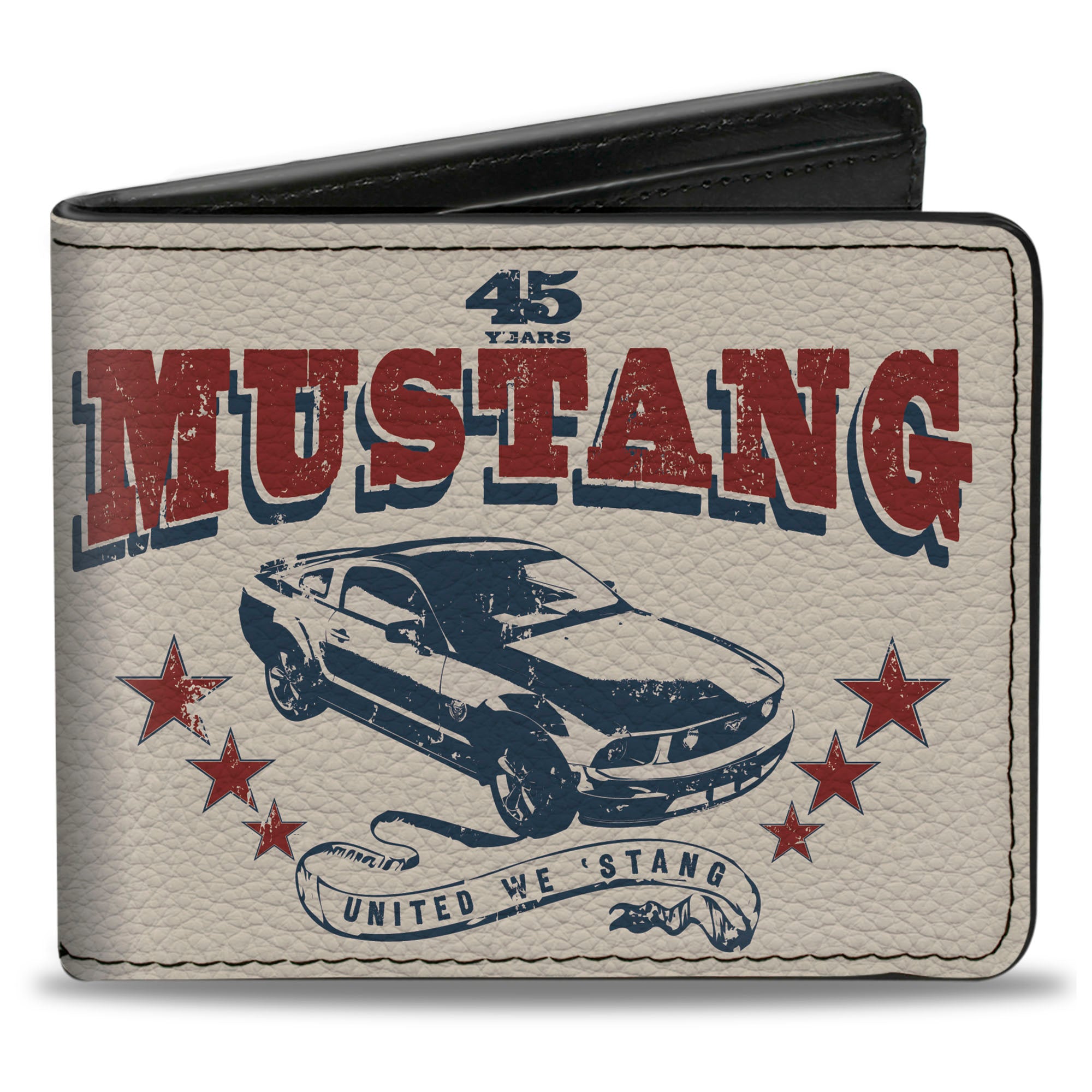 Bi-Fold Wallet - Vintage MUSTANG 45 YEARS UNITED WE 'STANG Scroll Ivory Navy Red Bi-Fold Wallets Ford