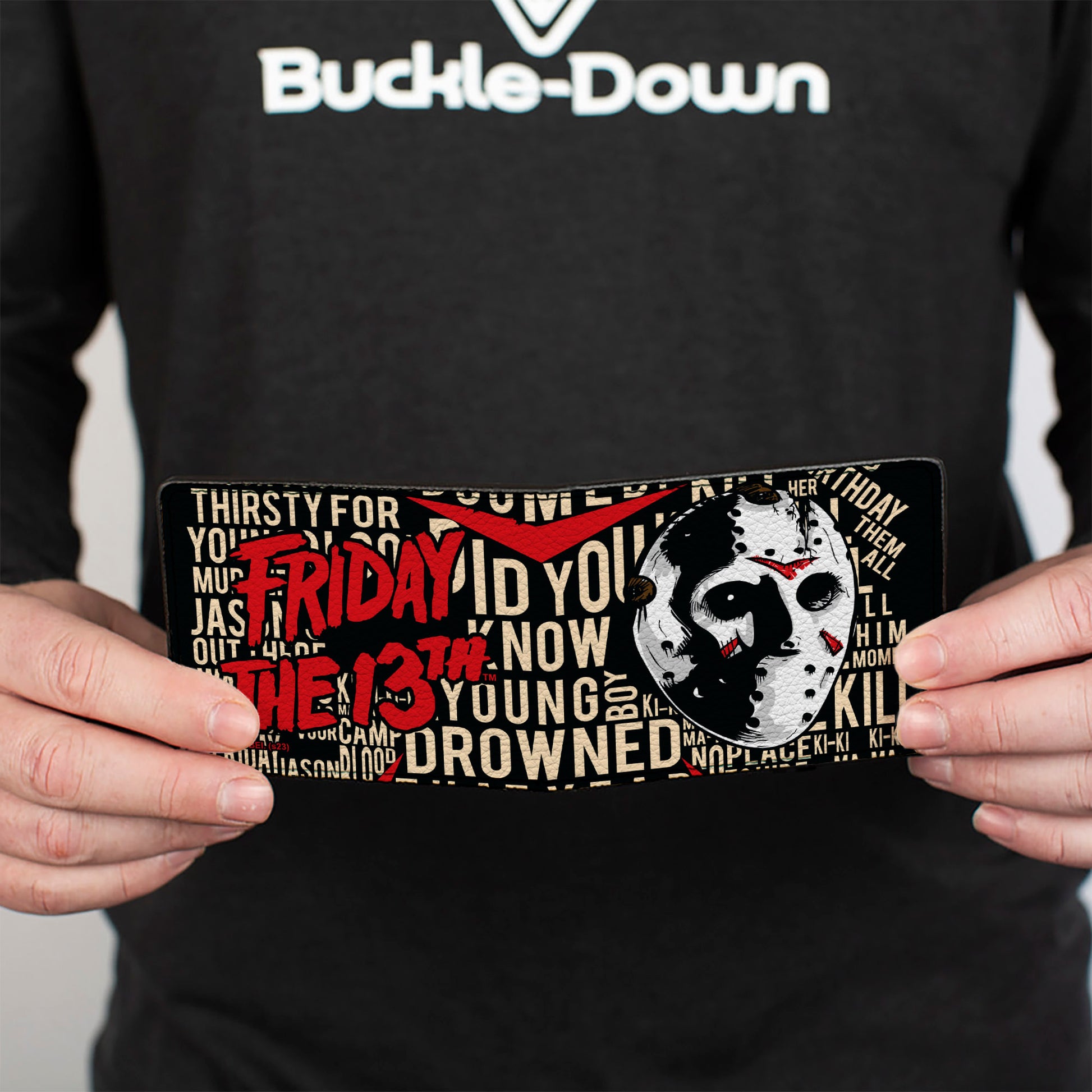 Bi-Fold Wallet - FRIDAY THE 13th Jason Mask4 and Title Logo with Quotes Typography Black Bi-Fold Wallets Friday the 13th