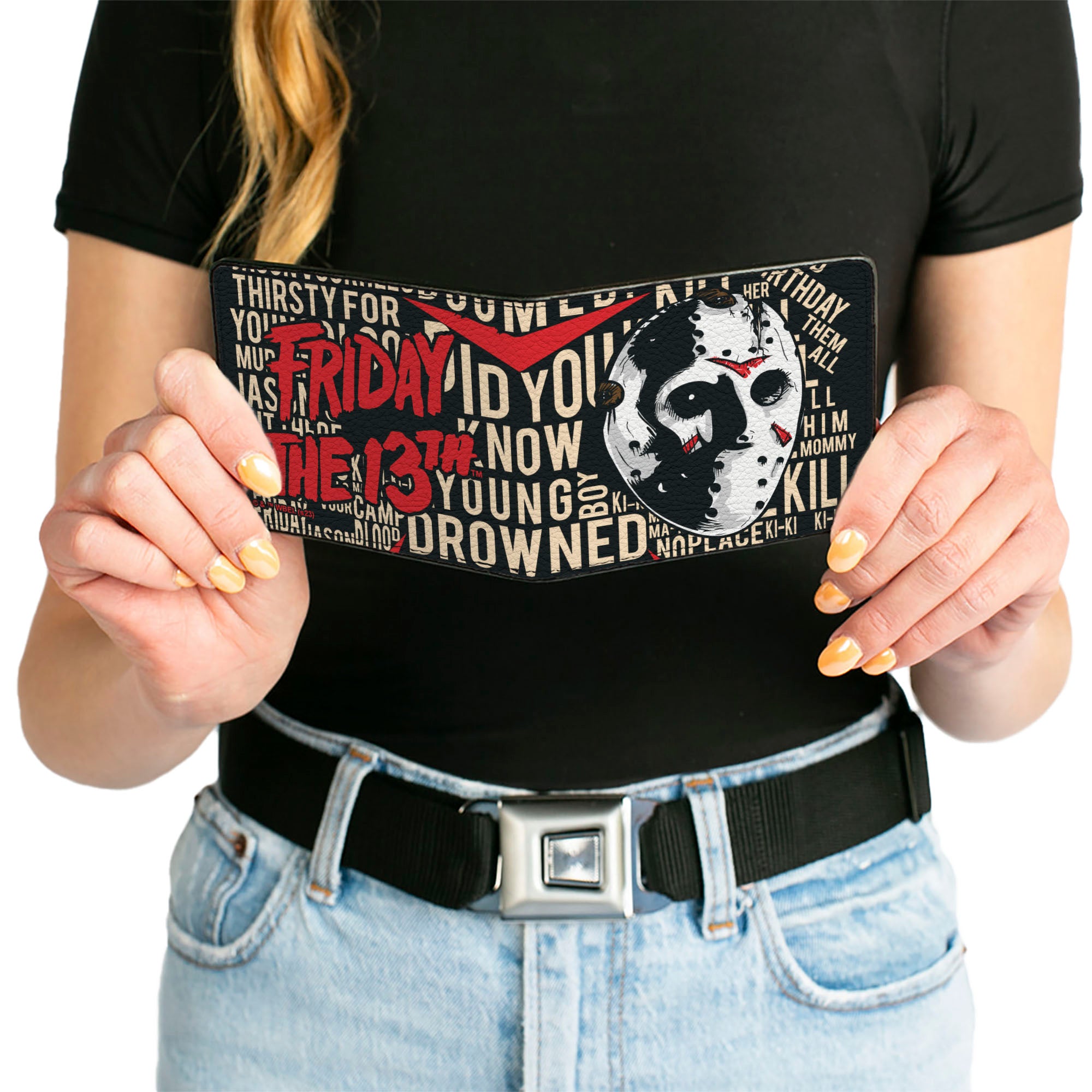 Bi-Fold Wallet - FRIDAY THE 13th Jason Mask4 and Title Logo with Quotes Typography Black Bi-Fold Wallets Friday the 13th