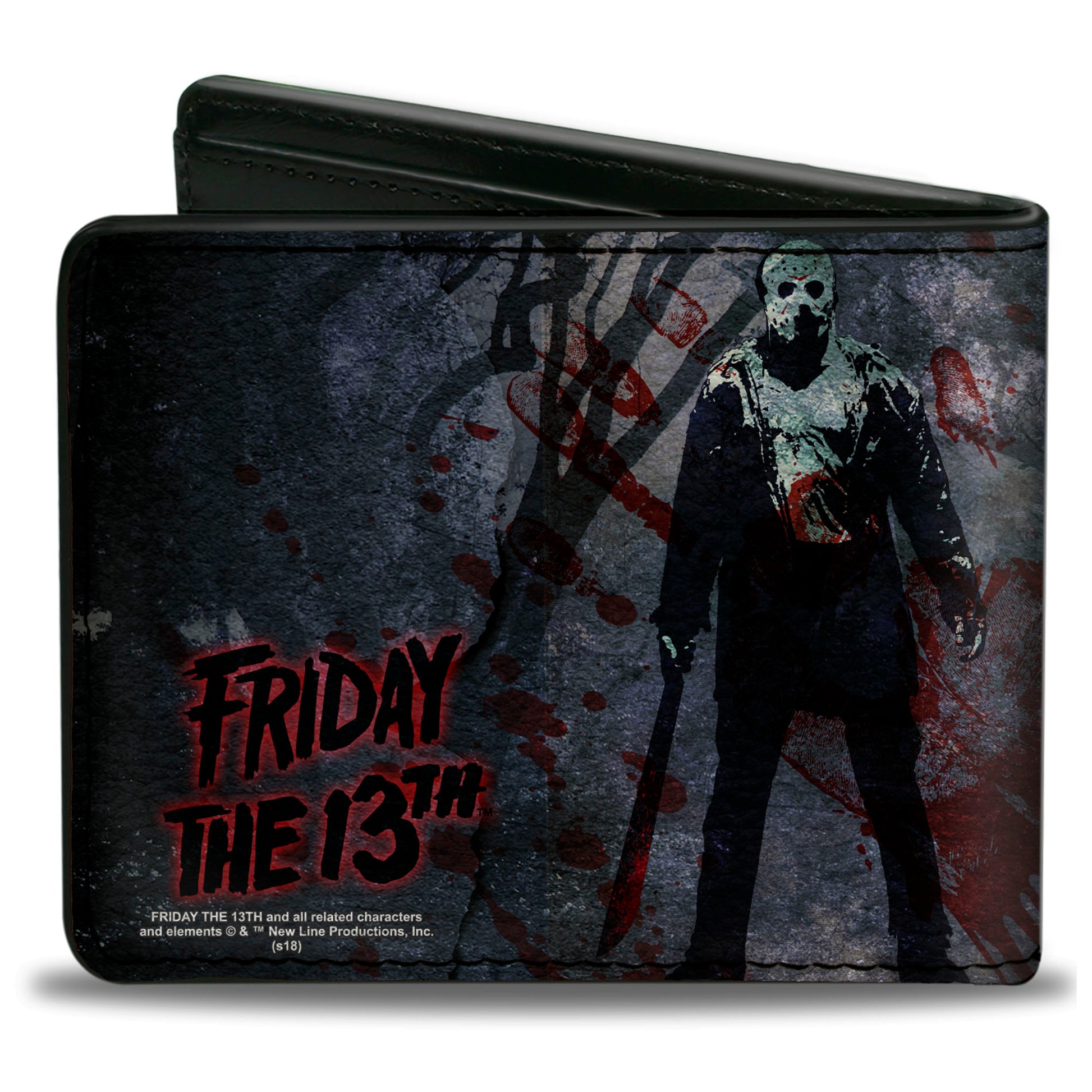 Bi-Fold Wallet - FRIDAY THE 13th Logo Jason Machete Pose Blood Splatter Grays Reds Black Bi-Fold Wallets Friday the 13th