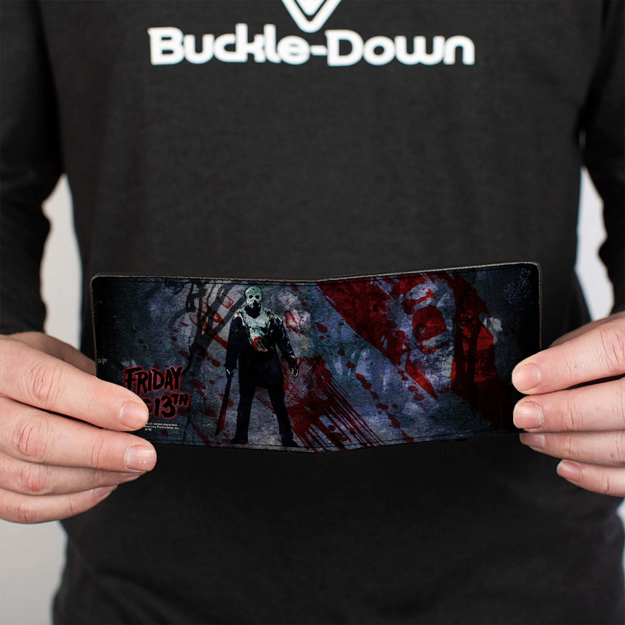 Bi-Fold Wallet - FRIDAY THE 13th Logo Jason Machete Pose Blood Splatter Grays Reds Black Bi-Fold Wallets Friday the 13th