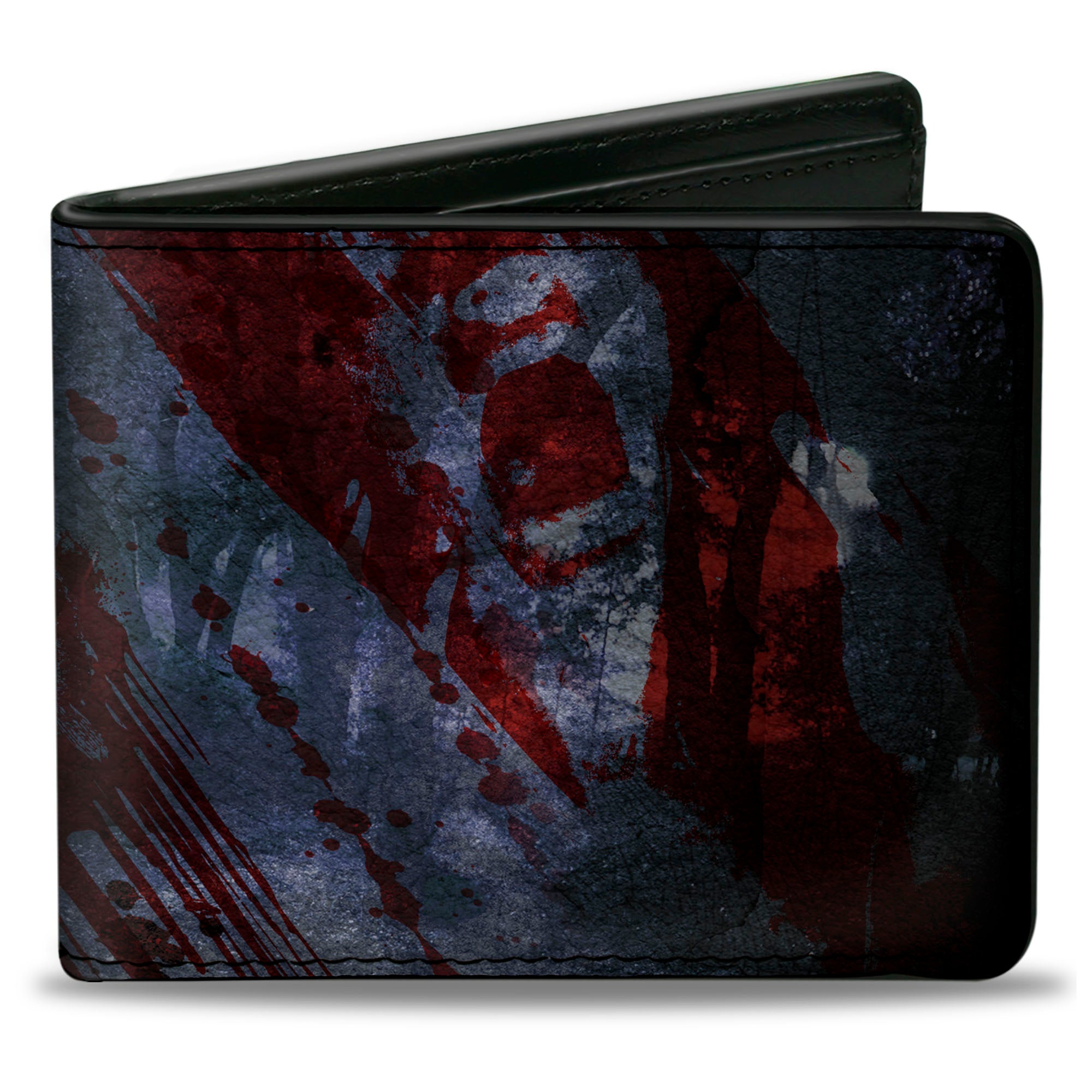 Bi-Fold Wallet - FRIDAY THE 13th Logo Jason Machete Pose Blood Splatter Grays Reds Black Bi-Fold Wallets Friday the 13th