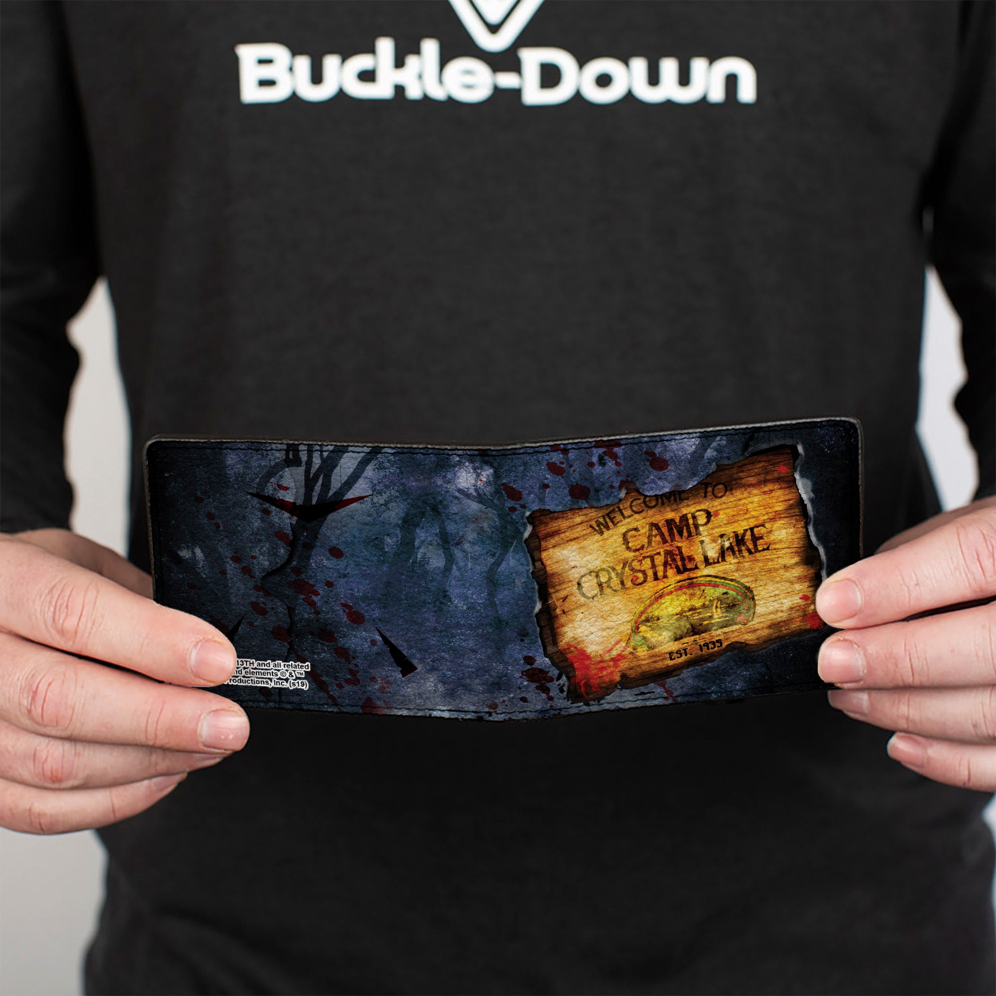 Bi-Fold Wallet - Friday the 13th WELCOME TO CAMP CRYSTAL LAKE Sign Trees Grays Blood Splatter Bi-Fold Wallets Friday the 13th