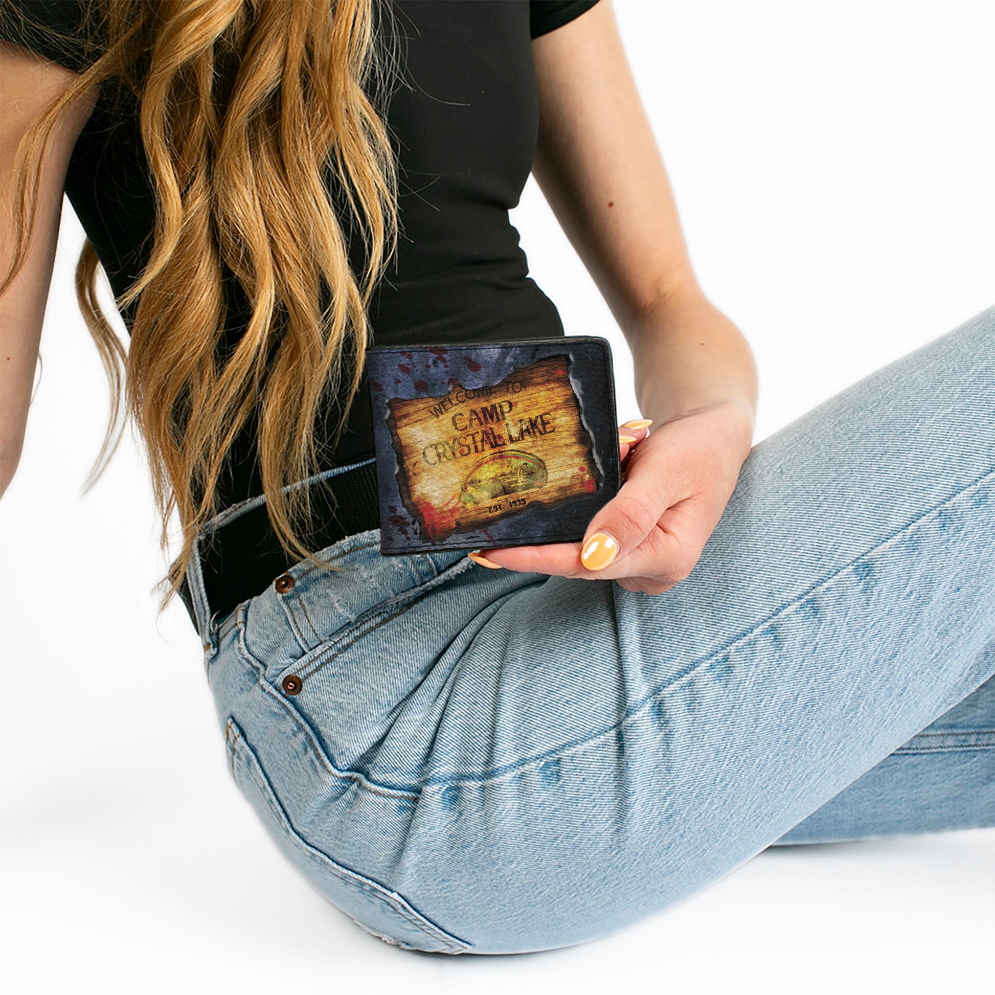 Bi-Fold Wallet - Friday the 13th WELCOME TO CAMP CRYSTAL LAKE Sign Trees Grays Blood Splatter Bi-Fold Wallets Friday the 13th