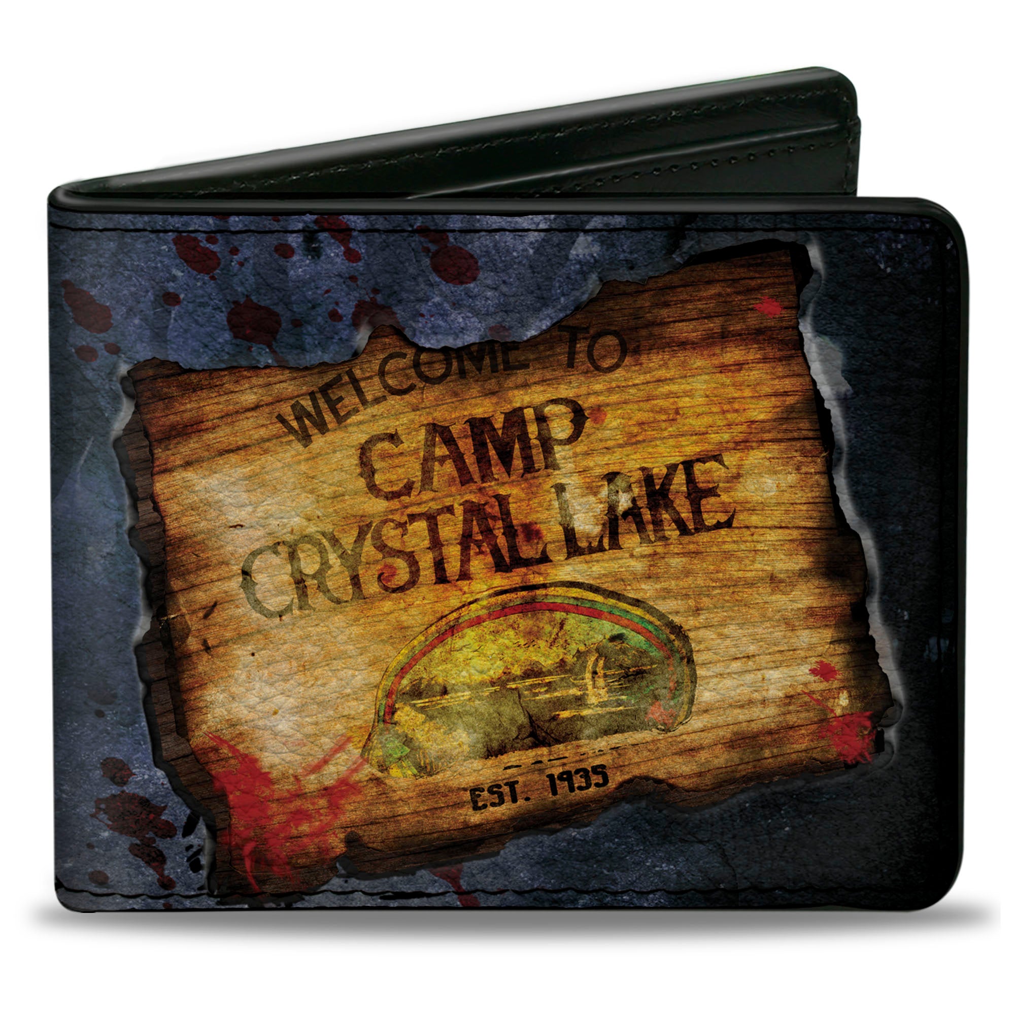 Bi-Fold Wallet - Friday the 13th WELCOME TO CAMP CRYSTAL LAKE Sign Trees Grays Blood Splatter Bi-Fold Wallets Friday the 13th