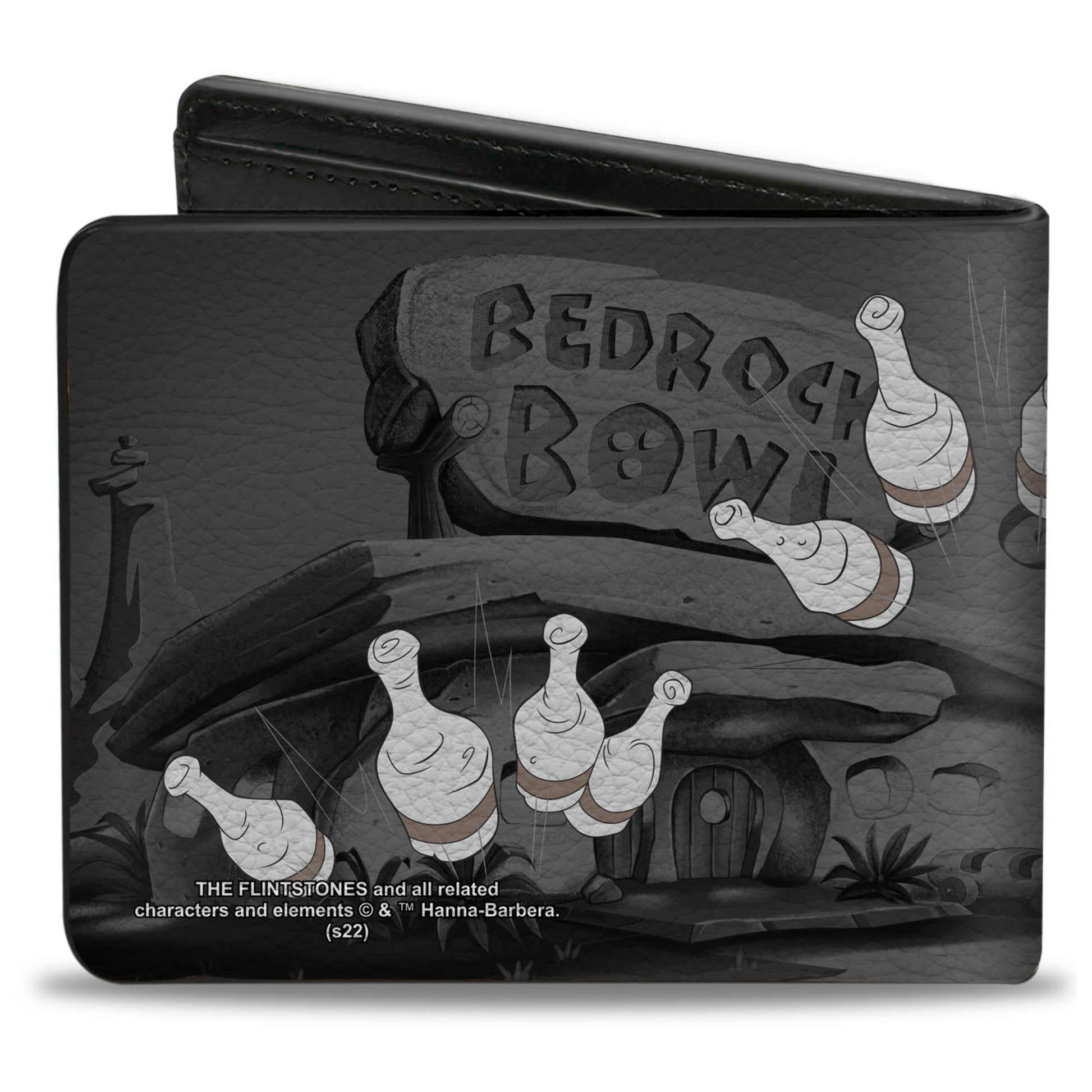 Bi-Fold Wallet - Fred Bowling Pose + BEDROCK BOWL Bowling Pins Black Grays Bi-Fold Wallets The Flintstones