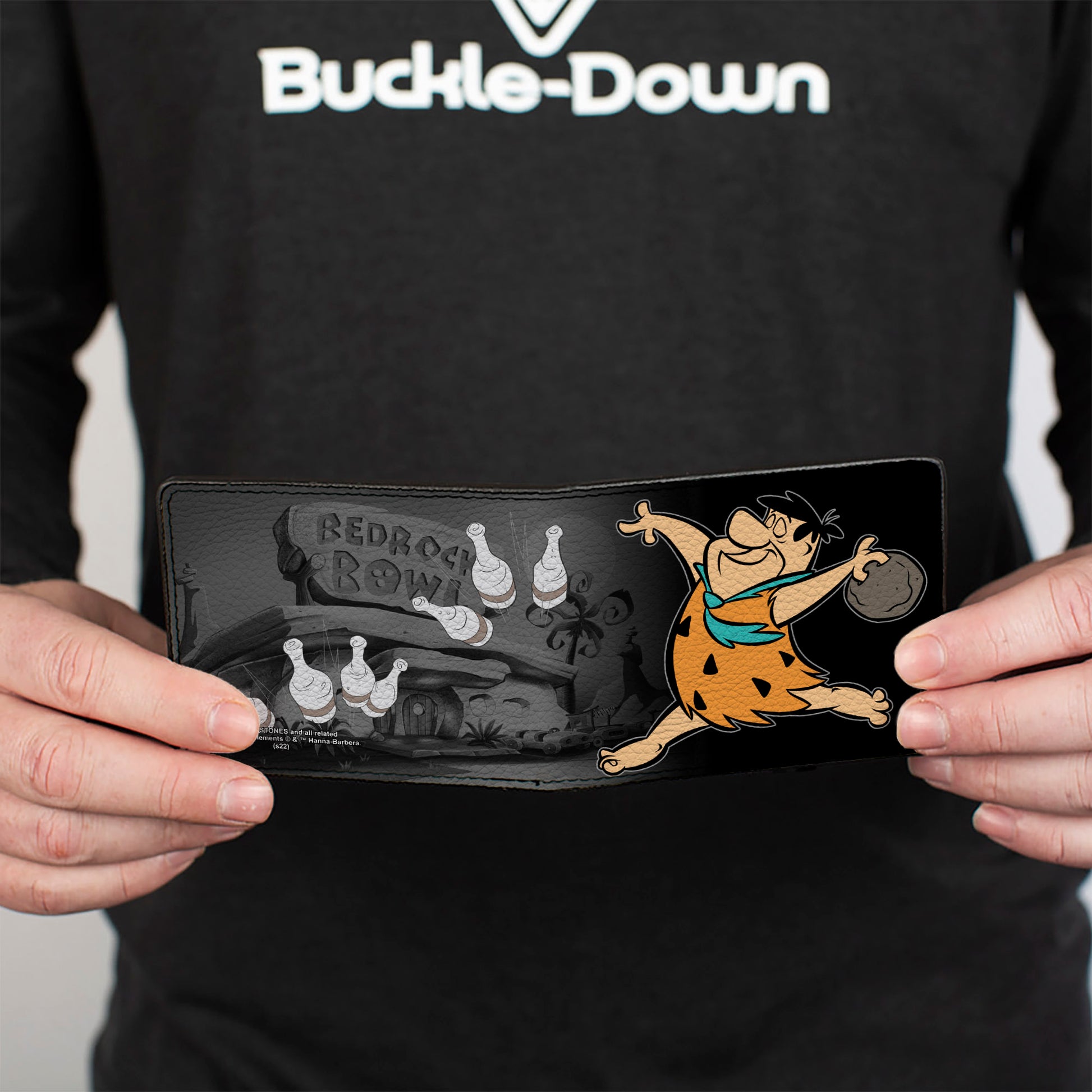 Bi-Fold Wallet - Fred Bowling Pose + BEDROCK BOWL Bowling Pins Black Grays Bi-Fold Wallets The Flintstones