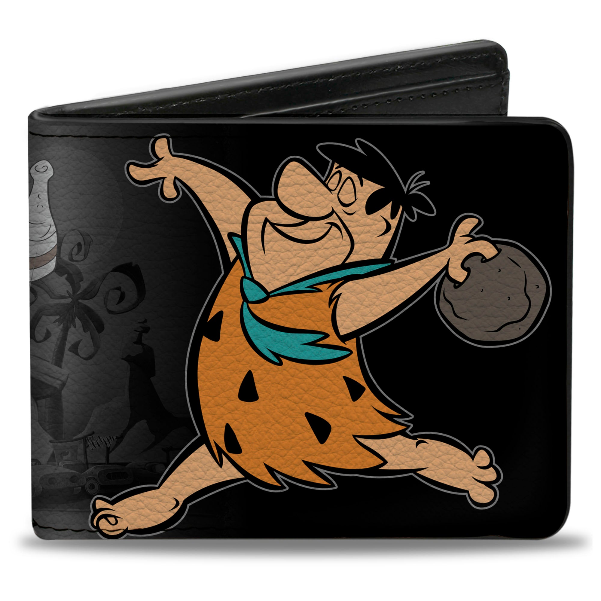 Bi-Fold Wallet - Fred Bowling Pose + BEDROCK BOWL Bowling Pins Black Grays Bi-Fold Wallets The Flintstones