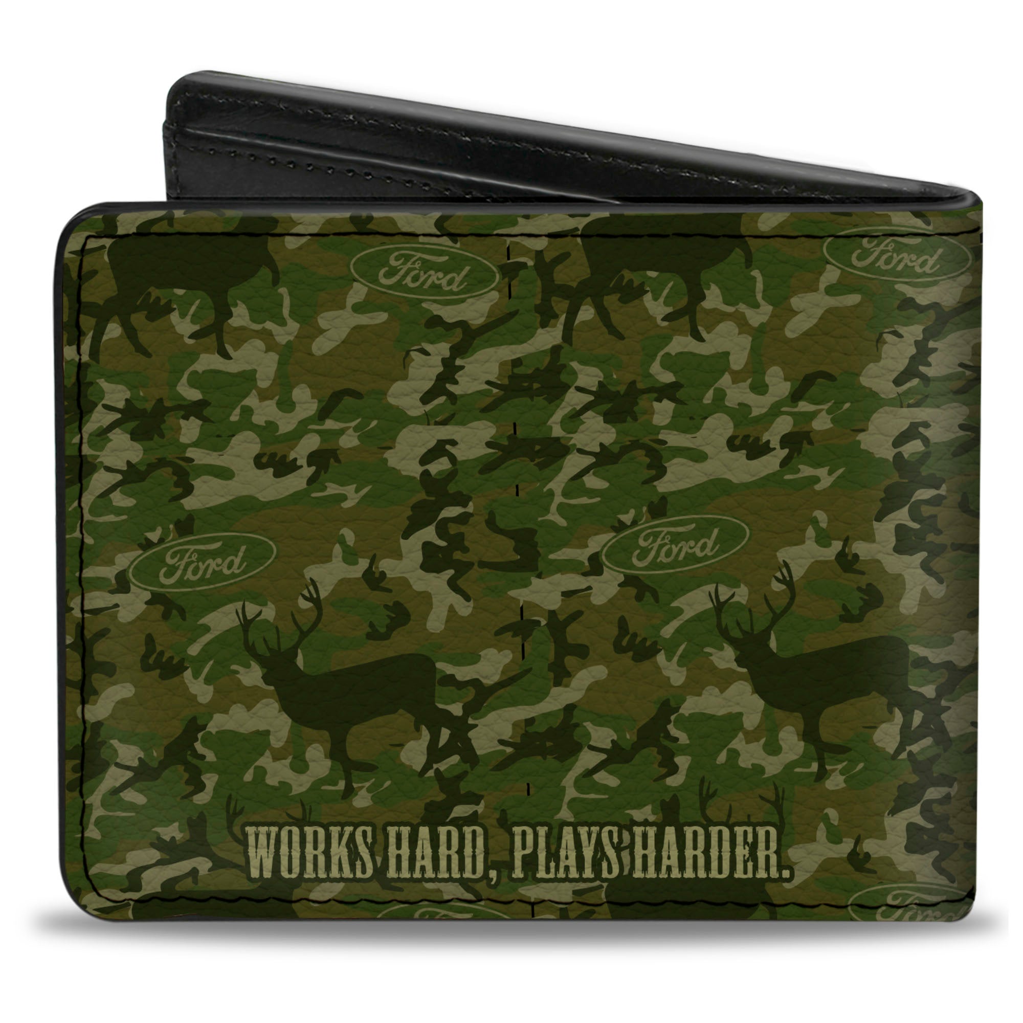 Bi-Fold Wallet - Ford Truck + WORKS HARD, PLAYS HARDER Deer Hunter Camo Olive Bi-Fold Wallets Ford