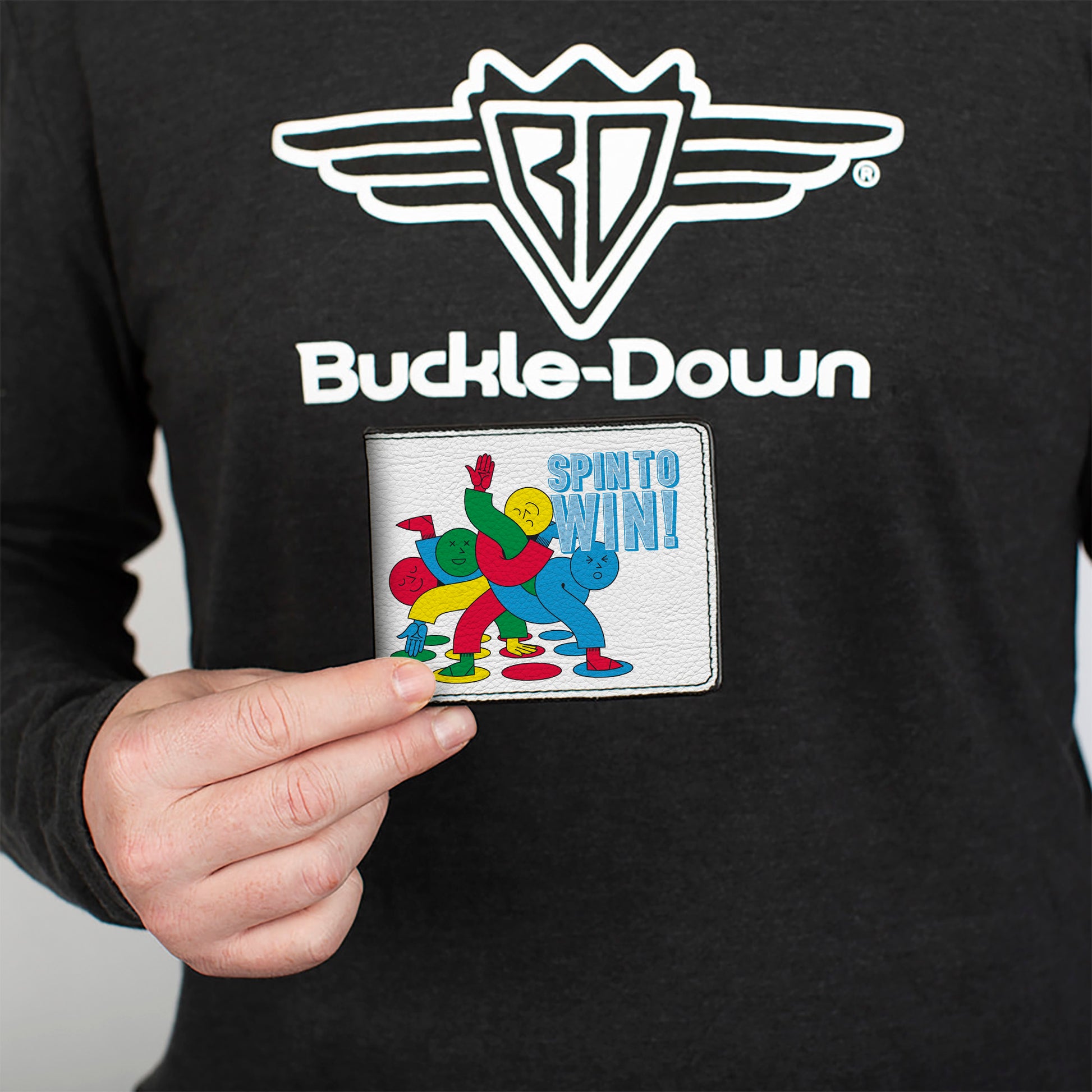 Bi-Fold Wallet - Twister SPIN TO WIN! Group Pose White/Blues/Multi Color Bi-Fold Wallets Twister