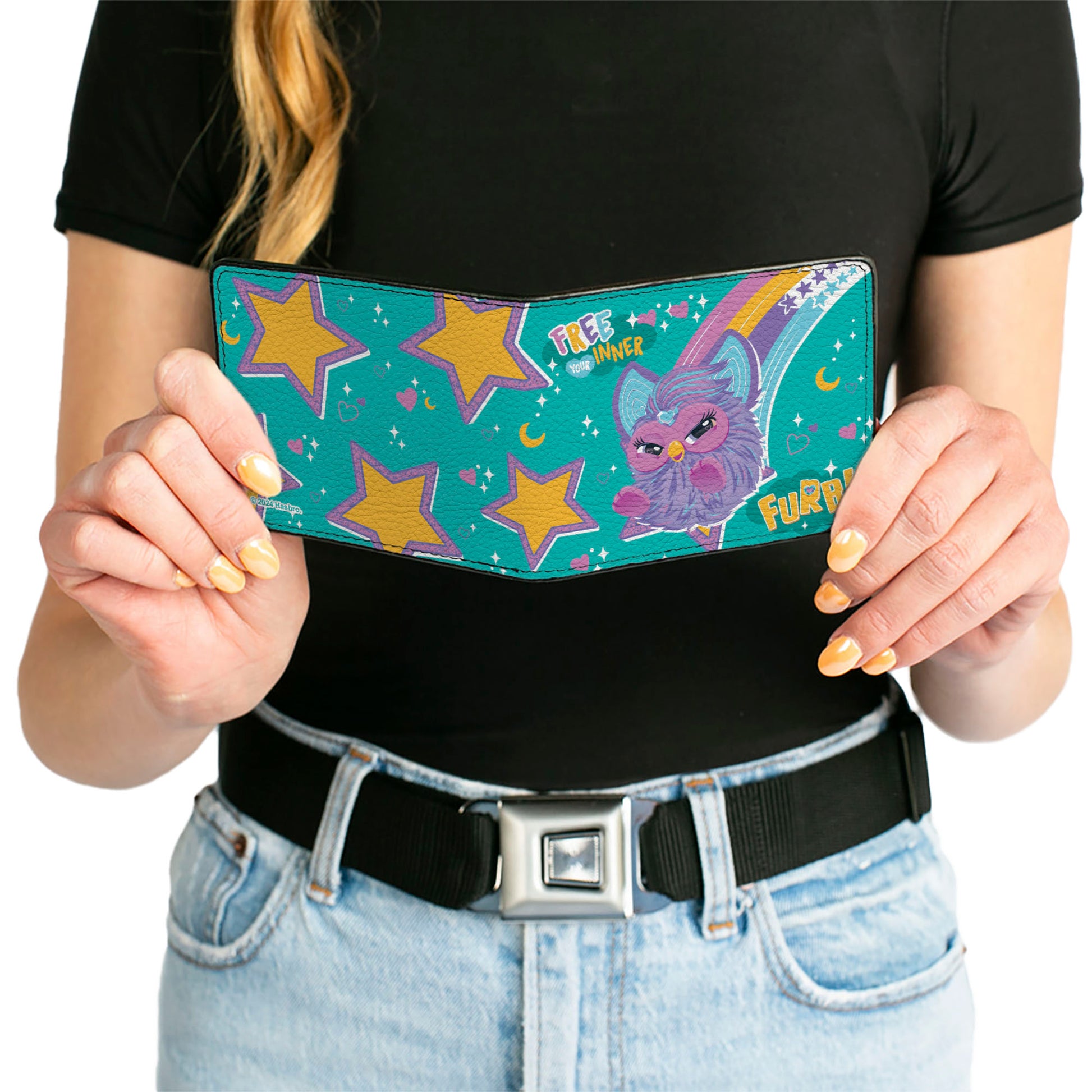 Bi-Fold Wallet - Furby Purple Furby FREE YOUR INNER FURB Rainbow Pose Teal/Multi Color Bi-Fold Wallets Furby