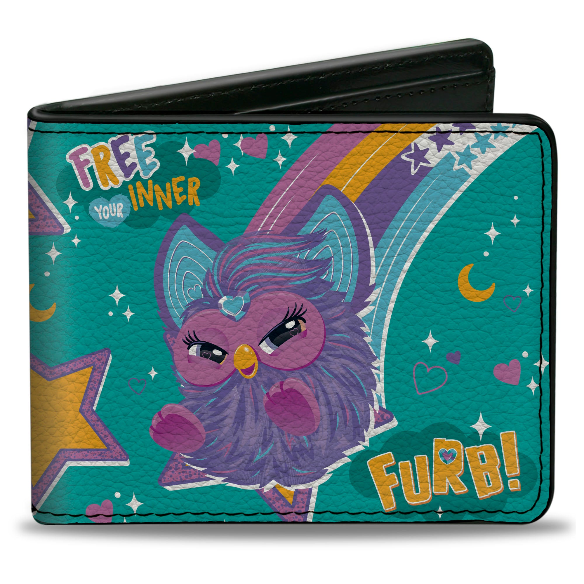 Bi-Fold Wallet - Furby Purple Furby FREE YOUR INNER FURB Rainbow Pose Teal/Multi Color Bi-Fold Wallets Furby