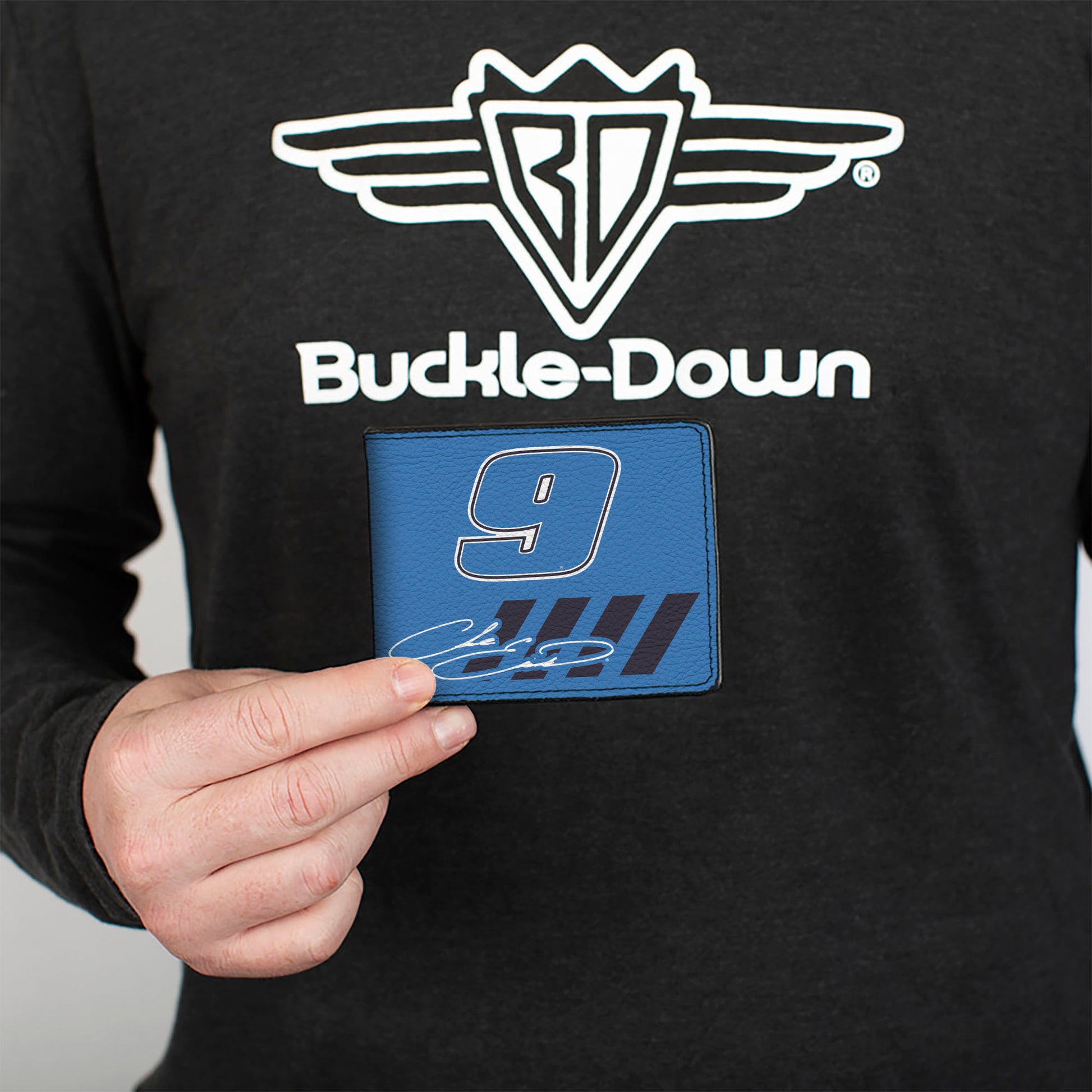 Bi-Fold Wallet - Chase Elliott #9 Autograph PRIME Logo Blues/White Bi-Fold Wallets Chase Elliott Autograph and #9 Checker Logo Black White Blue