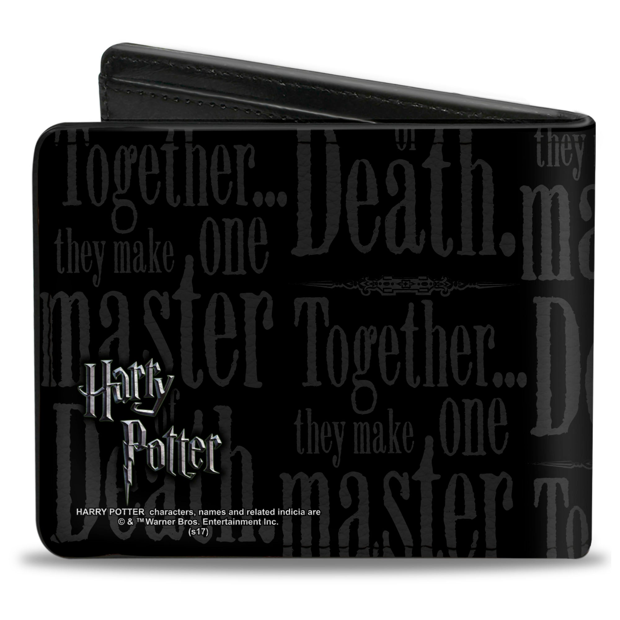 Bi-Fold Wallet - TOGETHER...THEY MAKE ONE MASTER OF DEATH. Deathly Hallows Symbol + HP Logo Black Grays White Bi-Fold Wallets Harry Potter