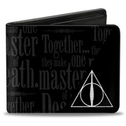 Bi-Fold Wallet - TOGETHER...THEY MAKE ONE MASTER OF DEATH. Deathly Hallows Symbol + HP Logo Black Grays White Bi-Fold Wallets Harry Potter