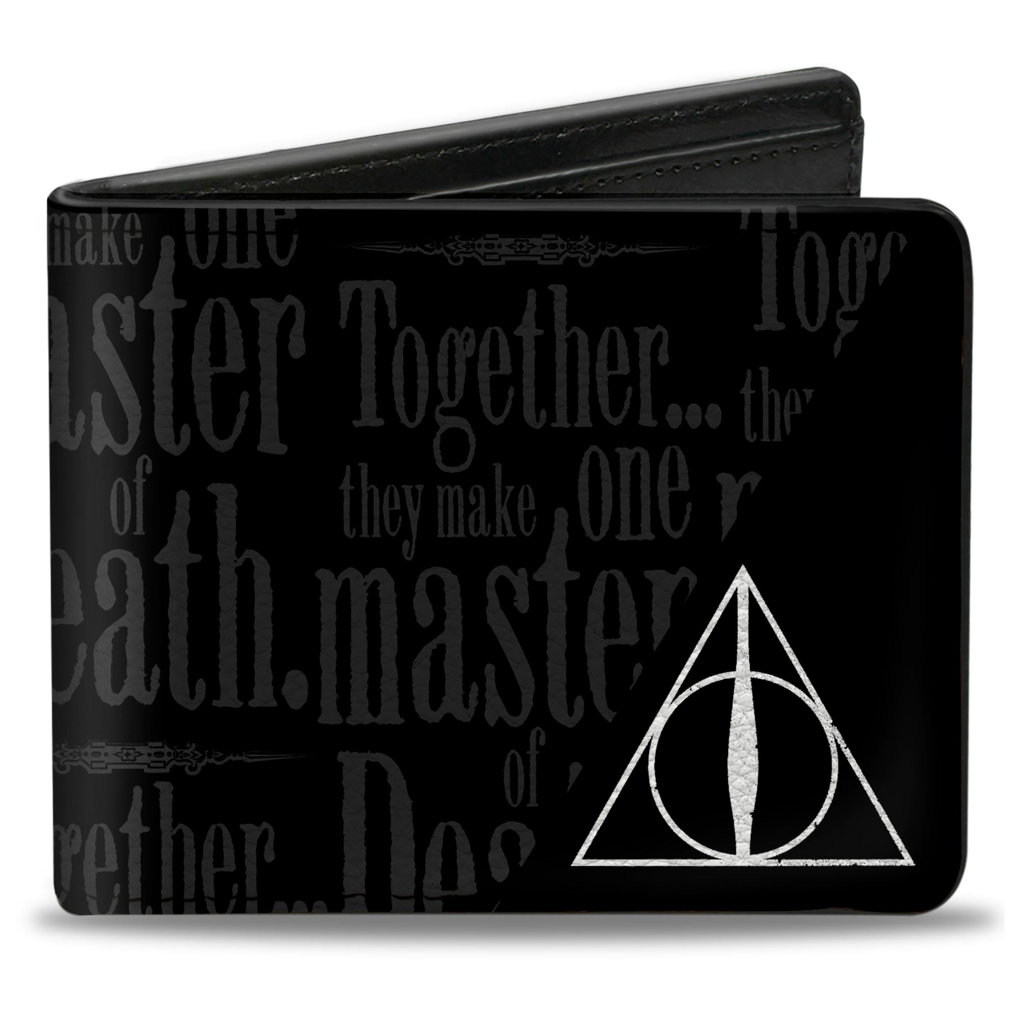 Bi-Fold Wallet - TOGETHER...THEY MAKE ONE MASTER OF DEATH. Deathly Hallows Symbol + HP Logo Black Grays White Bi-Fold Wallets Harry Potter