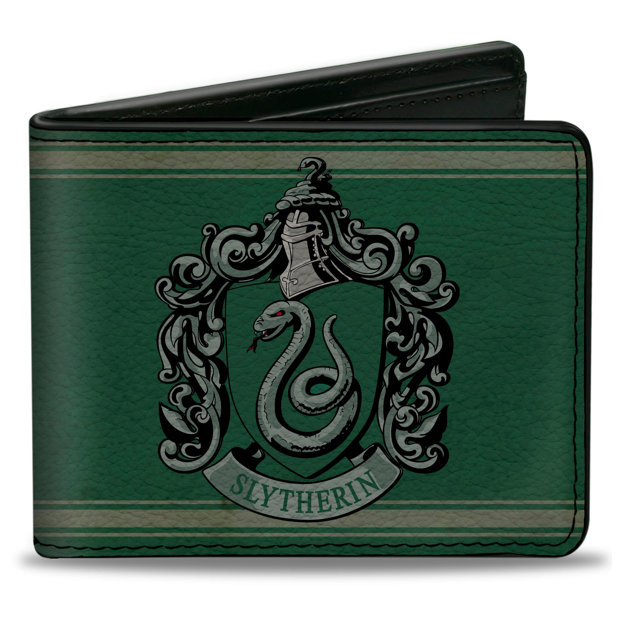 Bi-Fold Wallet - SLYTHERIN Crest Stripe6 Weathered Greens Grays Bi-Fold Wallets Harry Potter