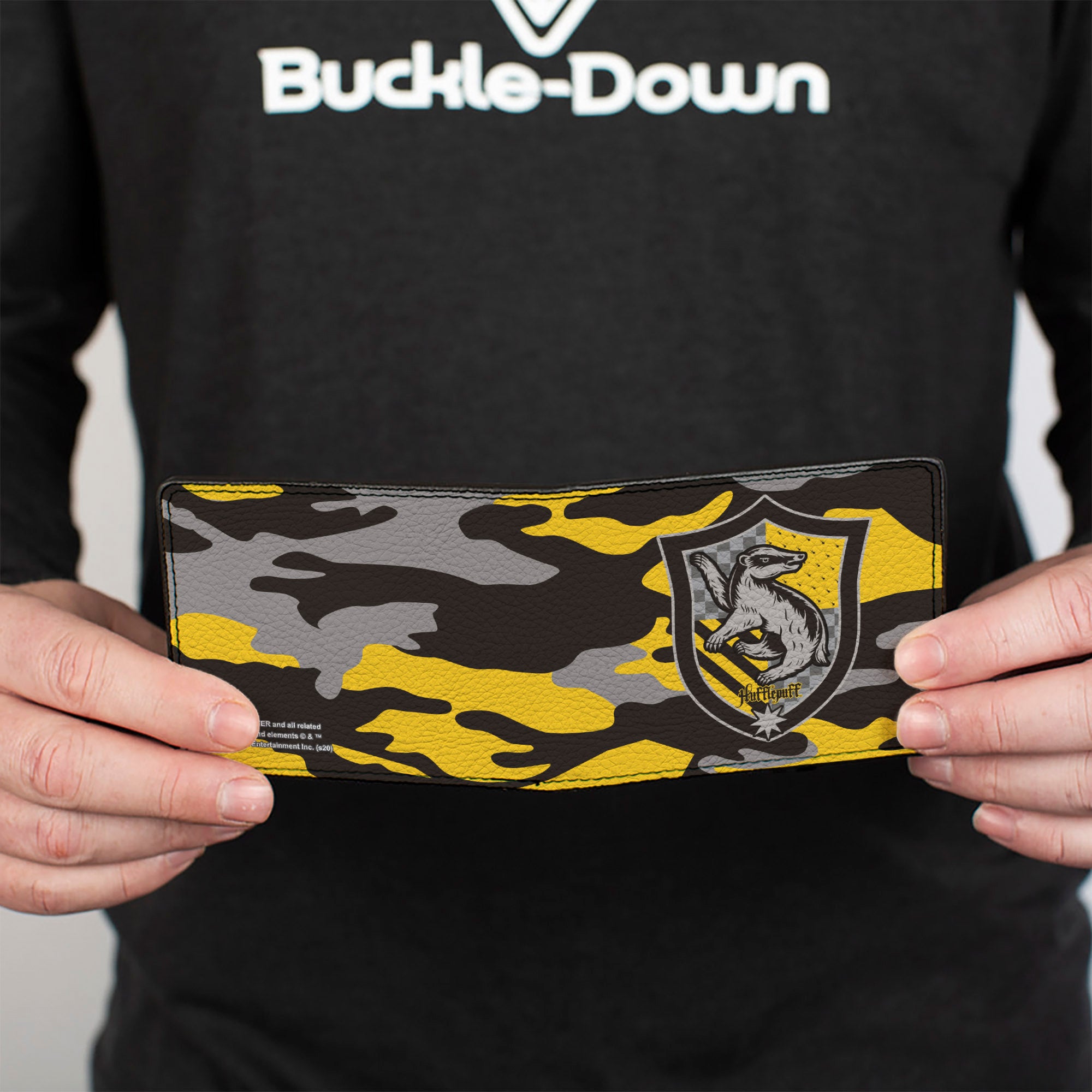 Bi-Fold Wallet - Harry Potter Hufflepuff Crest Camo Yellow Grays Black Bi-Fold Wallets Harry Potter