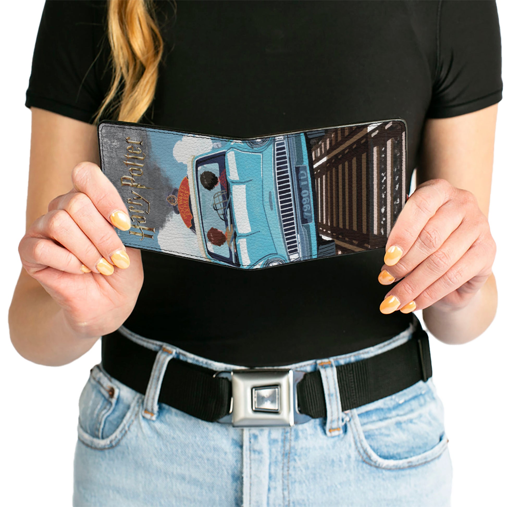 Bi-Fold Wallet - Ron and Harry Hogwarts Express Flying Car Cartoon Scene Bi-Fold Wallets Harry Potter