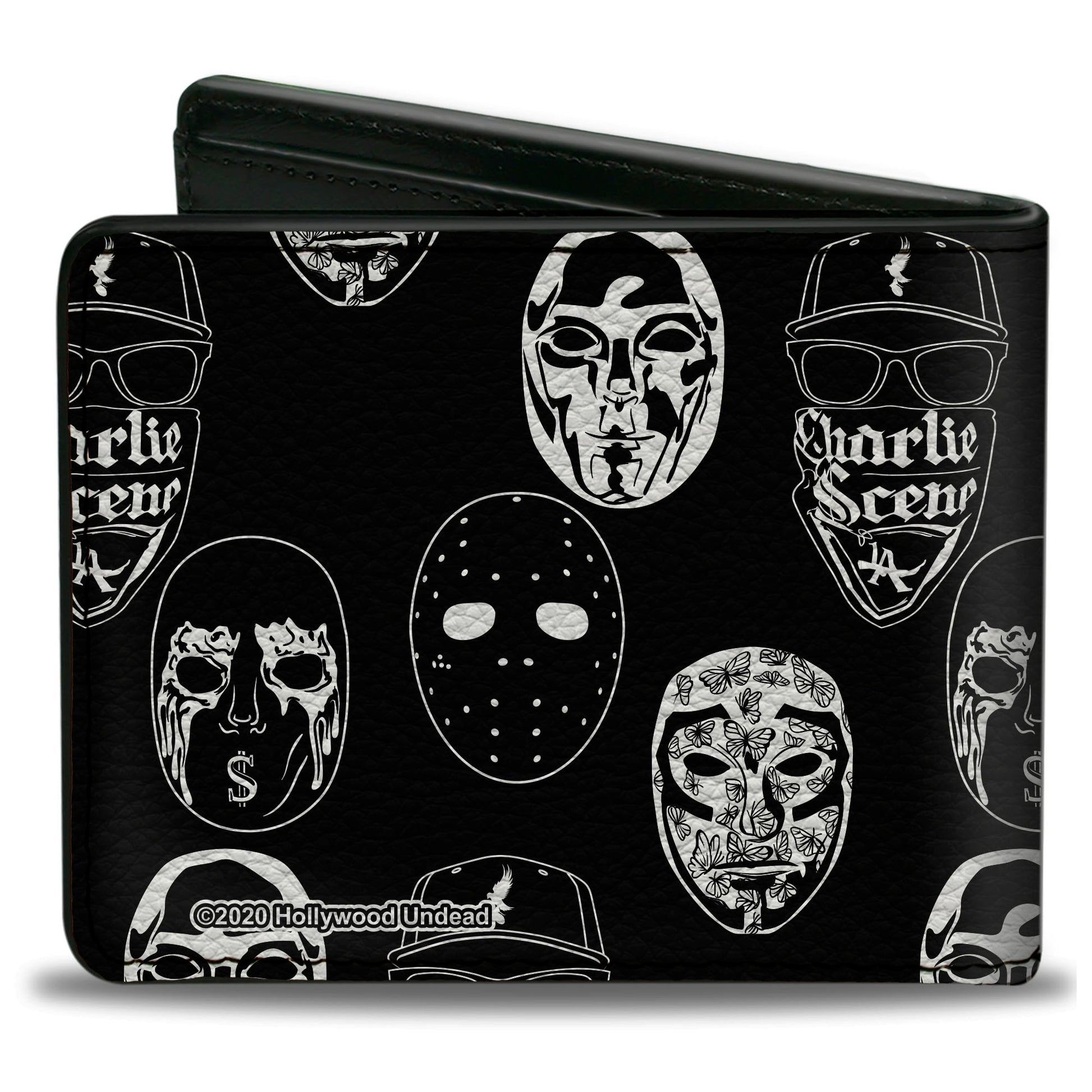 Bi-Fold Wallet - Hollywood Undead Mask Icons Scattered Black White Bi-Fold Wallets Hollywood Undead