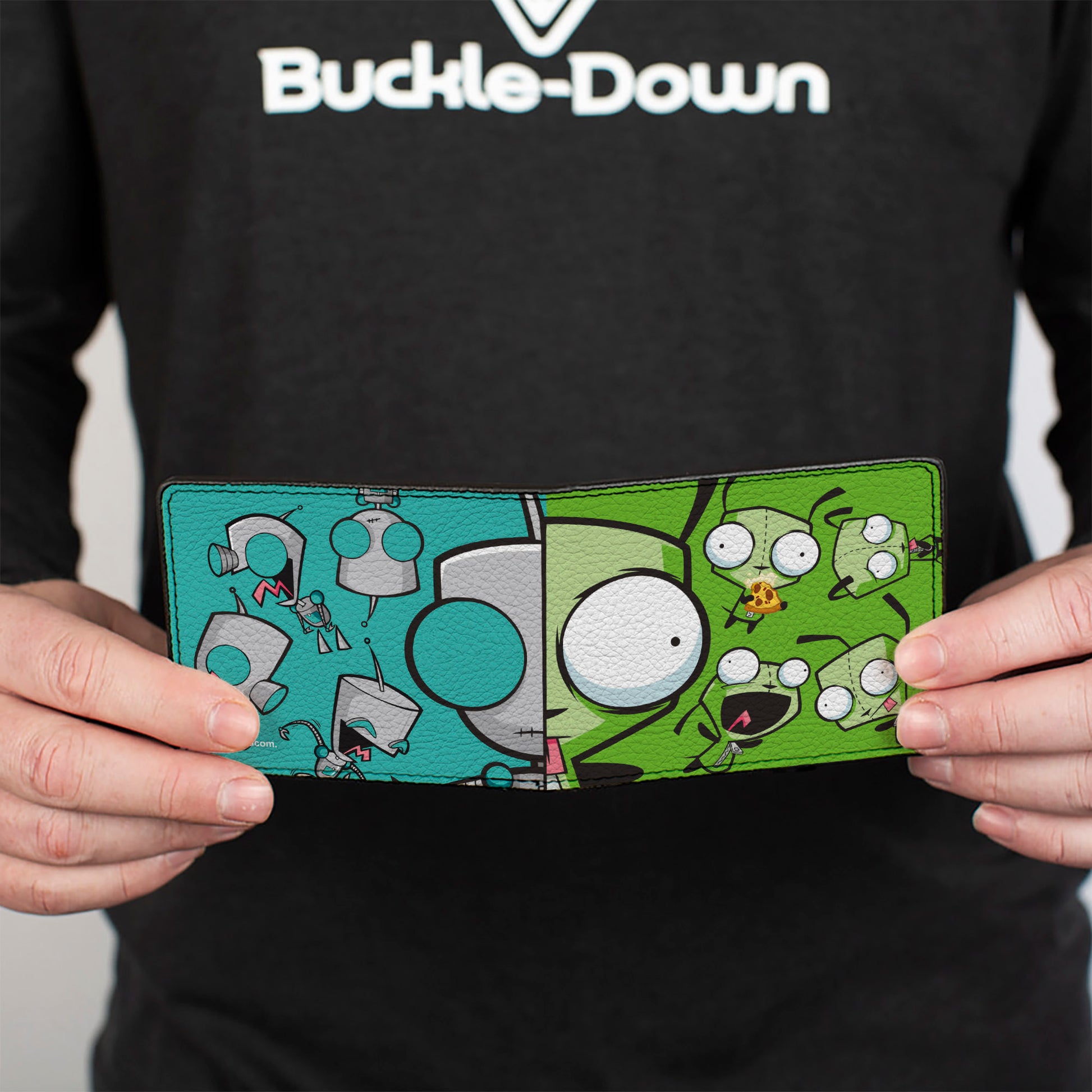 Bi-Fold Wallet - Invader Zim GIR Split Close-Up and Poses Blue/Green Bi-Fold Wallets Invader Zim