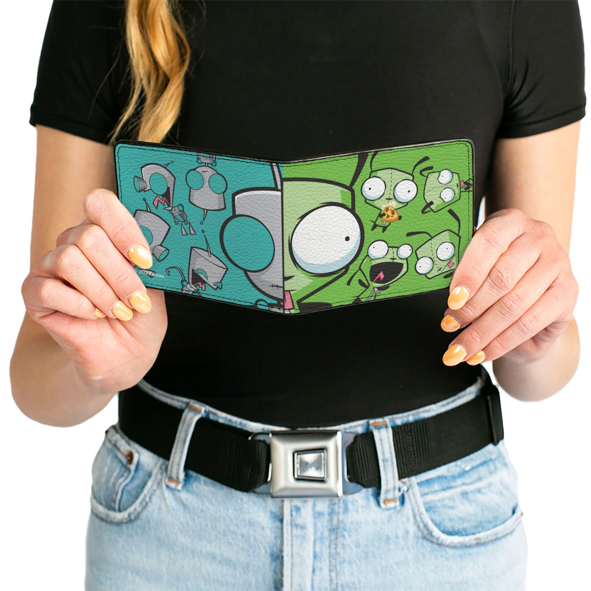 Bi-Fold Wallet - Invader Zim GIR Split Close-Up and Poses Blue/Green Bi-Fold Wallets Invader Zim