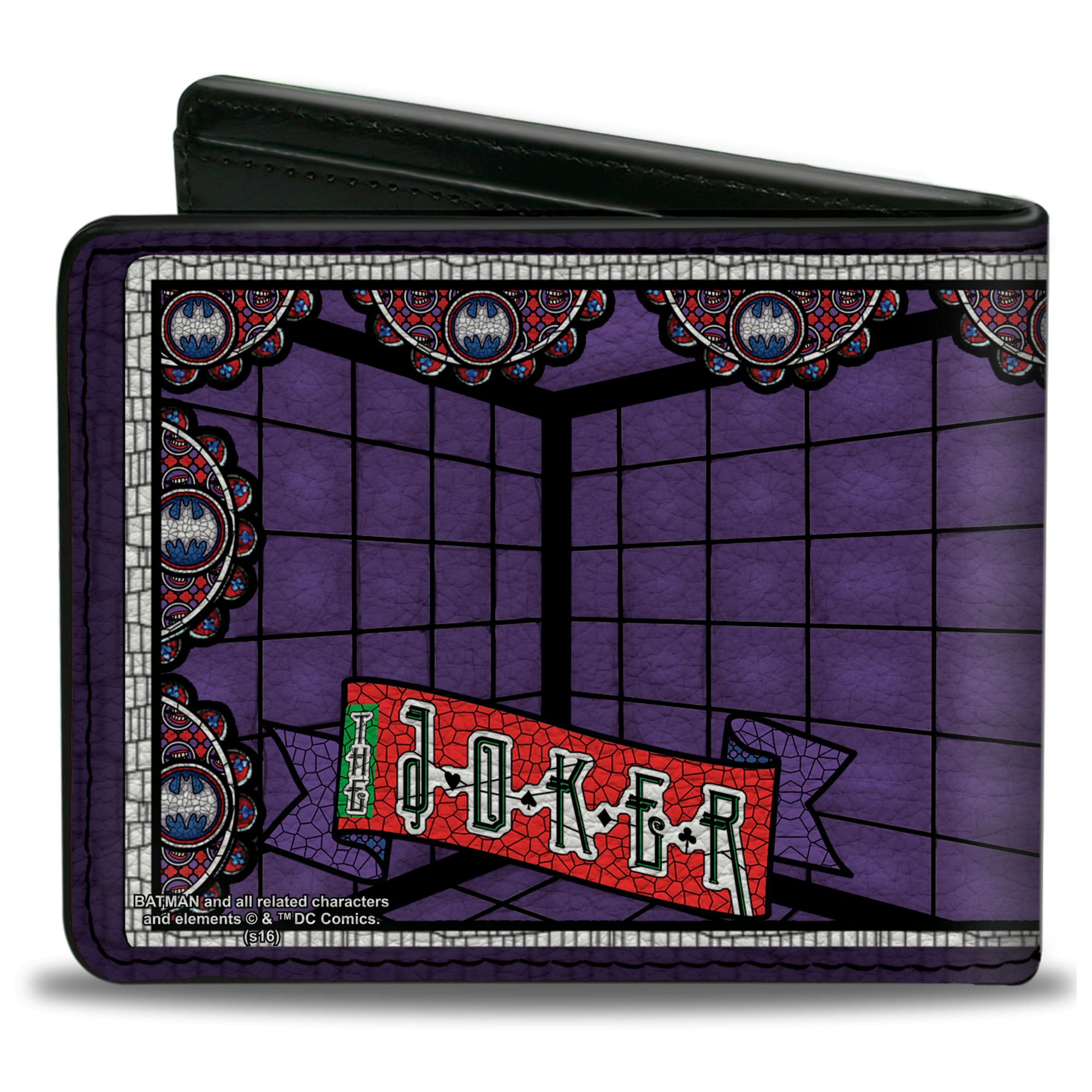 Bi-Fold Wallet - Joker Stained Glass Straitjacket Pose Bat Logo Purples Red Blue White Bi-Fold Wallets DC Comics