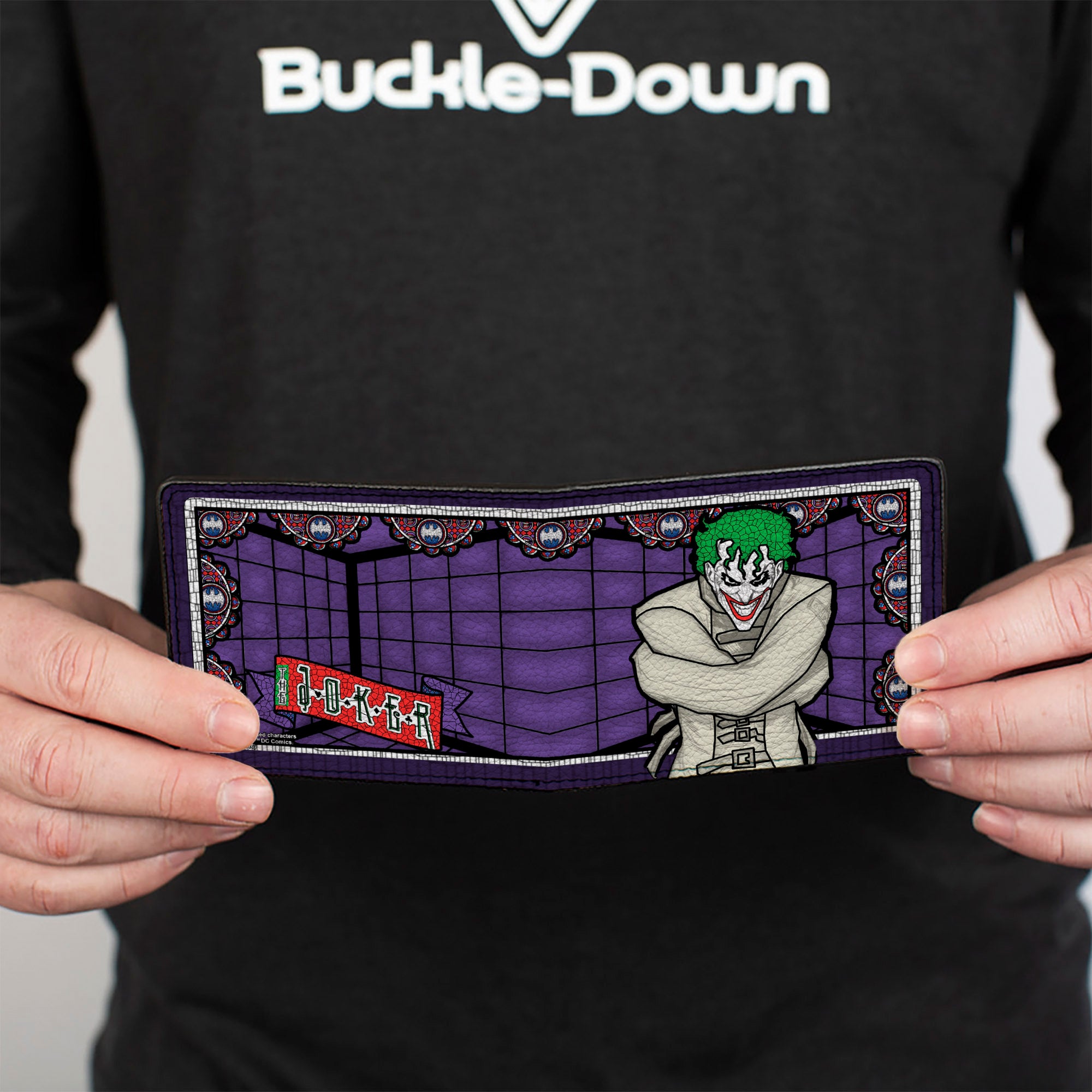Bi-Fold Wallet - Joker Stained Glass Straitjacket Pose Bat Logo Purples Red Blue White Bi-Fold Wallets DC Comics