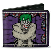 Bi-Fold Wallet - Joker Stained Glass Straitjacket Pose Bat Logo Purples Red Blue White Bi-Fold Wallets DC Comics
