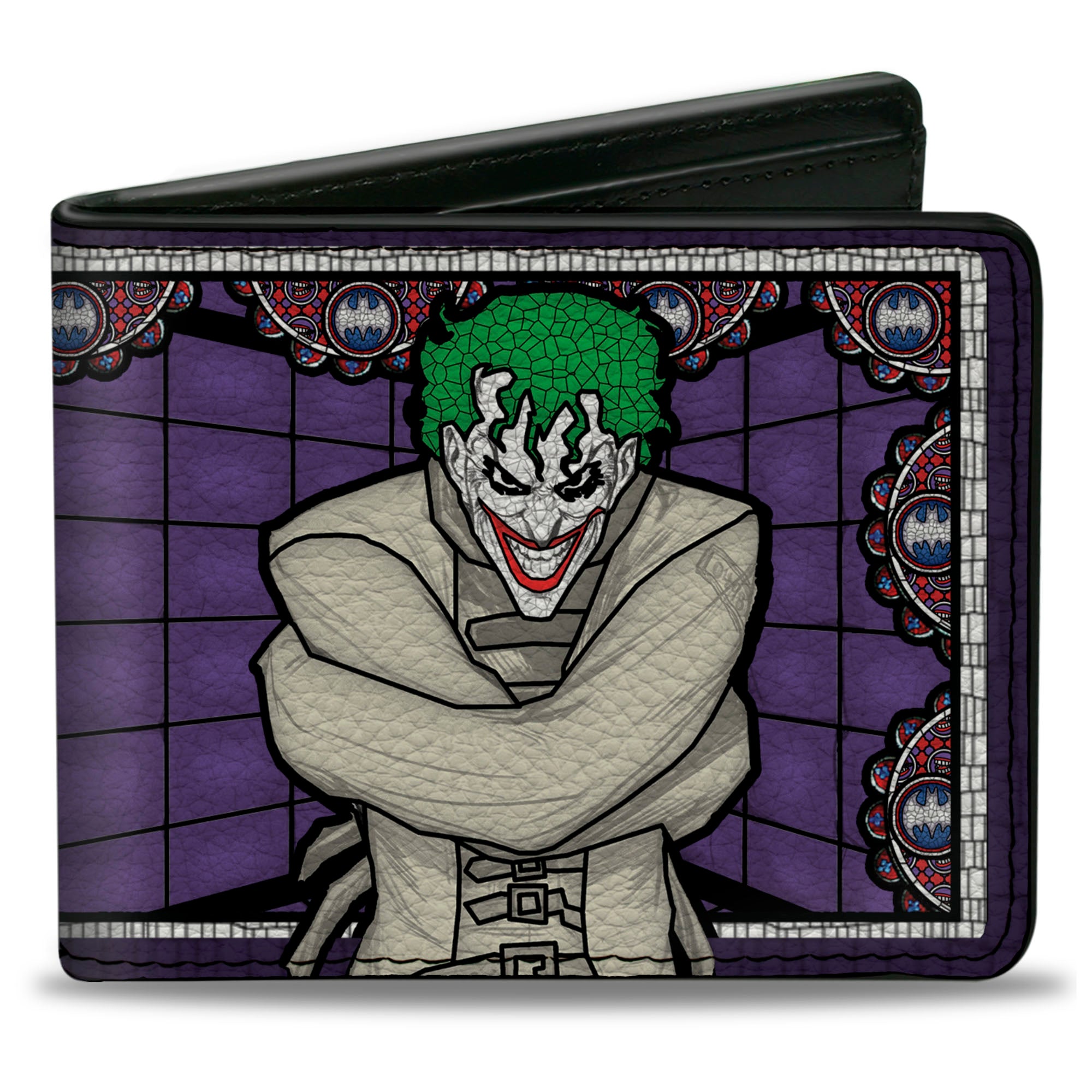 Bi-Fold Wallet - Joker Stained Glass Straitjacket Pose Bat Logo Purples Red Blue White Bi-Fold Wallets DC Comics